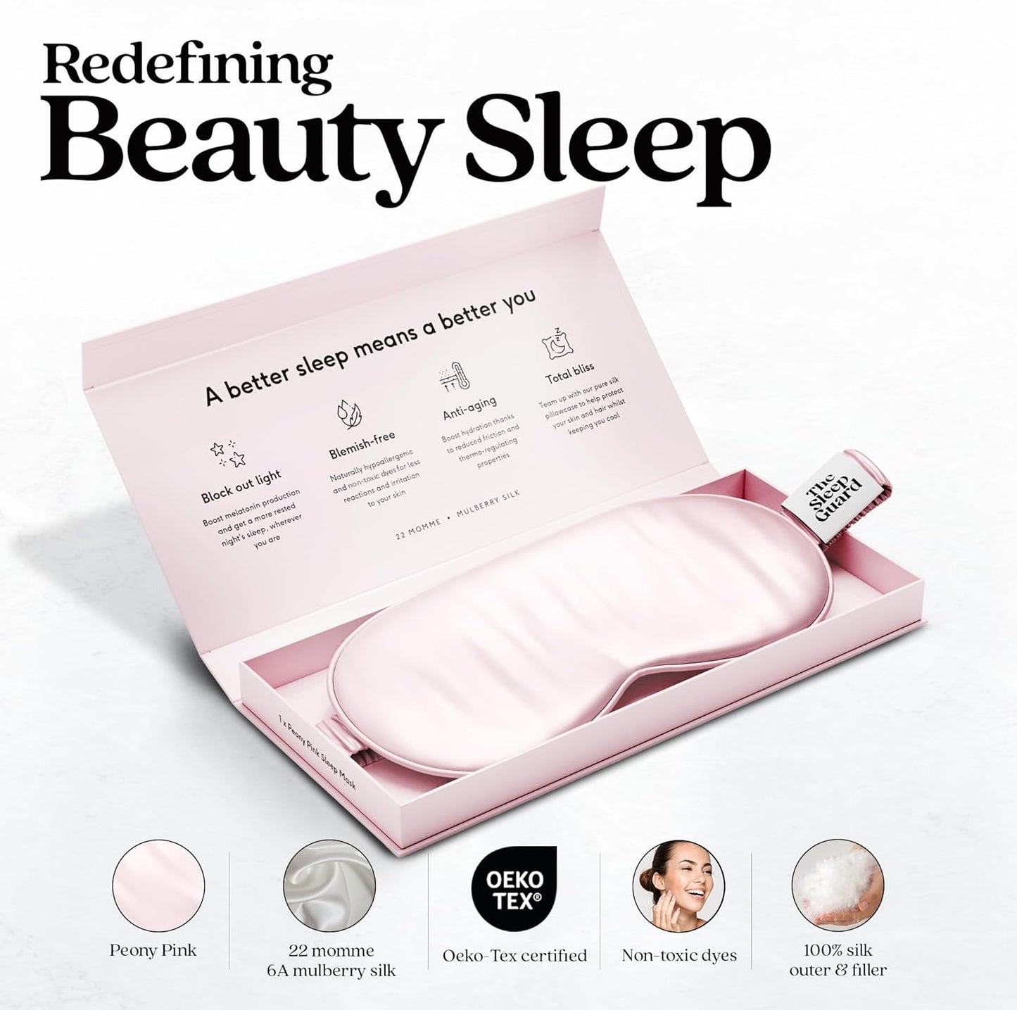 TheSleepGuard Pure Silk Sleep Mask [100% 6A Mulberry Silk, 22 Momme] Light Blocking Travel Essentials. Eye Masks for Sleeping. Black Oeko-Tex Blindfold. Eye Covers for Men & Women