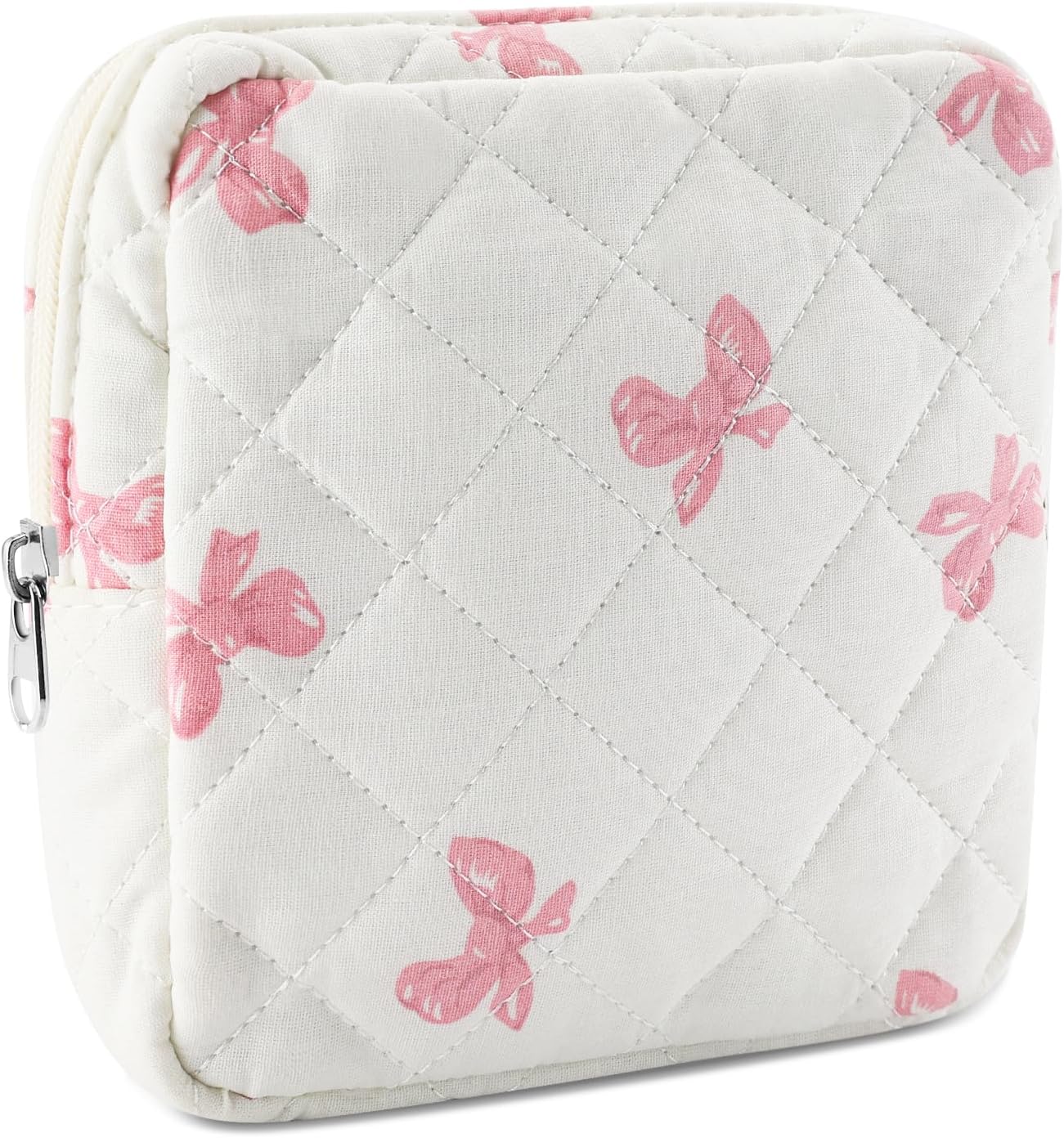 Small Quilted Cotton Makeup Bag for Purse Mini Cosmetic Period Bag for Women Cute Pink Bow Makeup Sanitary Pouch Portable Travel Toiletry Bags with Zipper Slip in Pockets Birthday Gifts