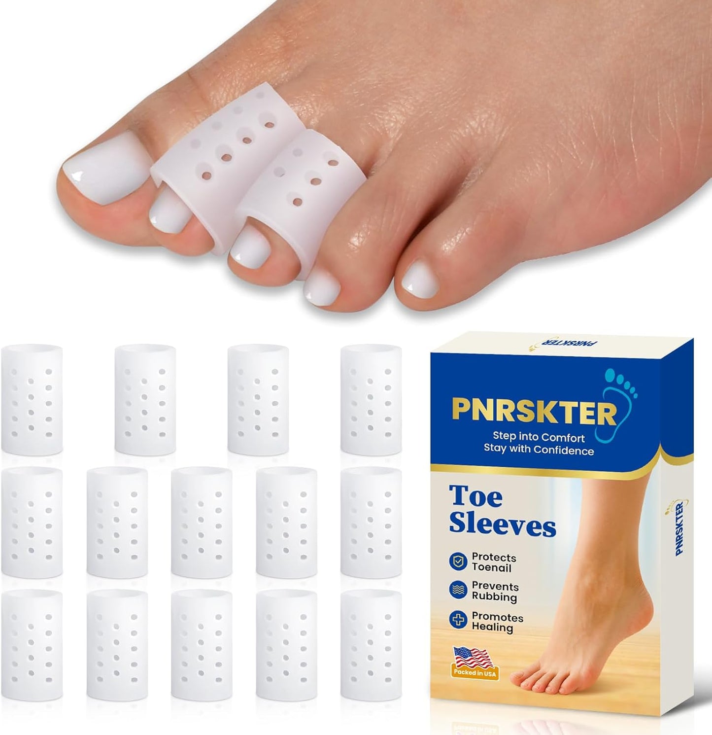 Pnrskter Silicone Toe Protectors - (14Pcs Medium) - Breathable Toe Sleeves for Women & Men - Toe Caps for Blisters, Corns, Calluses, Toenails Loss - Toe Cushions for Daily Use, Traveling Essentials
