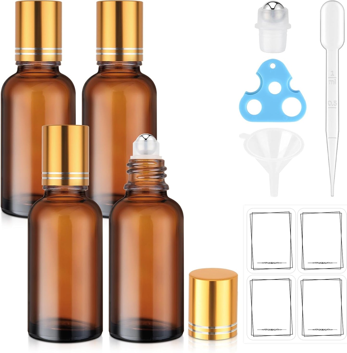 4-Pack 1 oz (30ml) Amber Glass Roller Bottles for Essential Oils | Refillable Roll-On with Stainless Steel Rollers | Leakproof, UV Protection