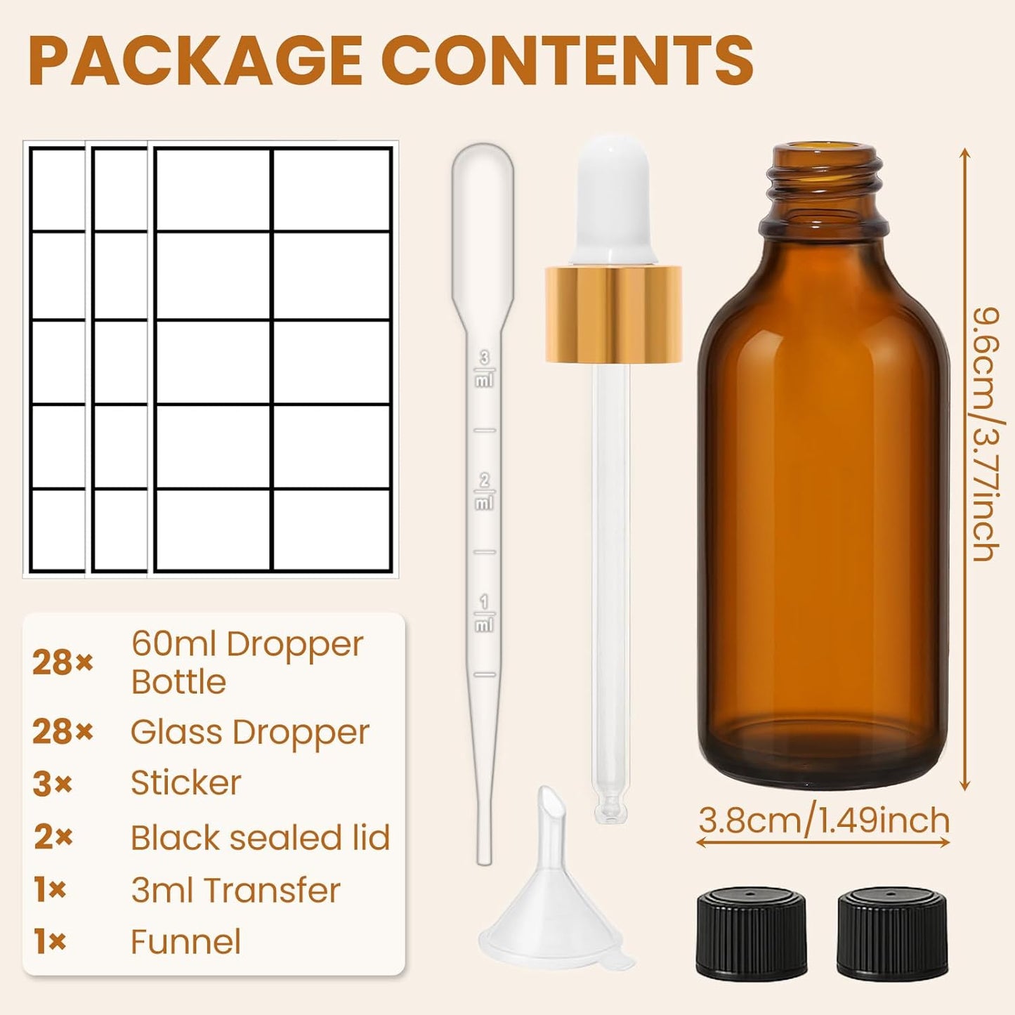 28 Pack 2oz Amber Glass Dropper Bottles with Gold Lids, Funnels, Droppers, Extra Caps & Labels – Leakproof, UV Resistant 60ml Empty Bottle for Tinctures, Essential Oils, Beard & Hair Oils