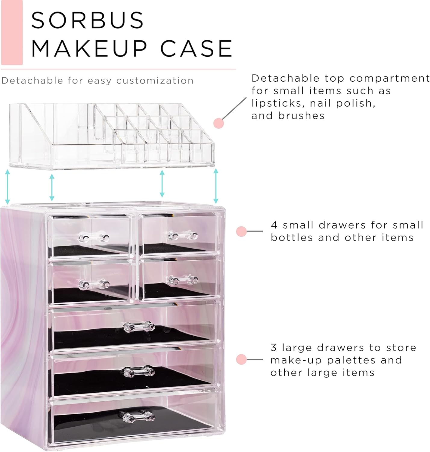 Sorbus Clear Cosmetic Makeup Organizer - Make Up & Jewelry Storage, Case & Display - Spacious Design - Great for Dresser, Bathroom, Vanity & Countertop (3 Large, 4 Small Drawers) [Tie Dye Print]