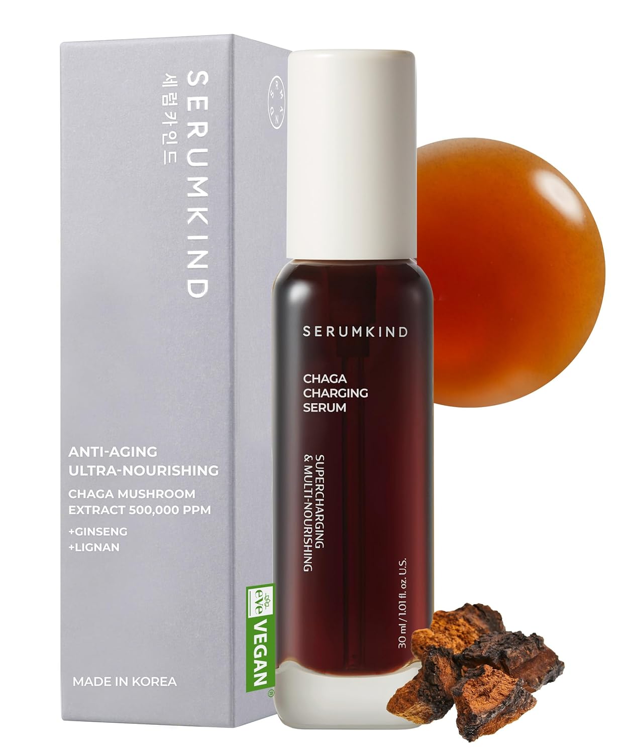 SERUMKIND Chaga Mushroom Serum for Korean Face Skincare - Beta Glucan Extract - Nourishing & Hydrating - Provides Deep Hydration for Extremely Dry Skin - Vegan & Cruelty-Free – 1.01 fl.oz.