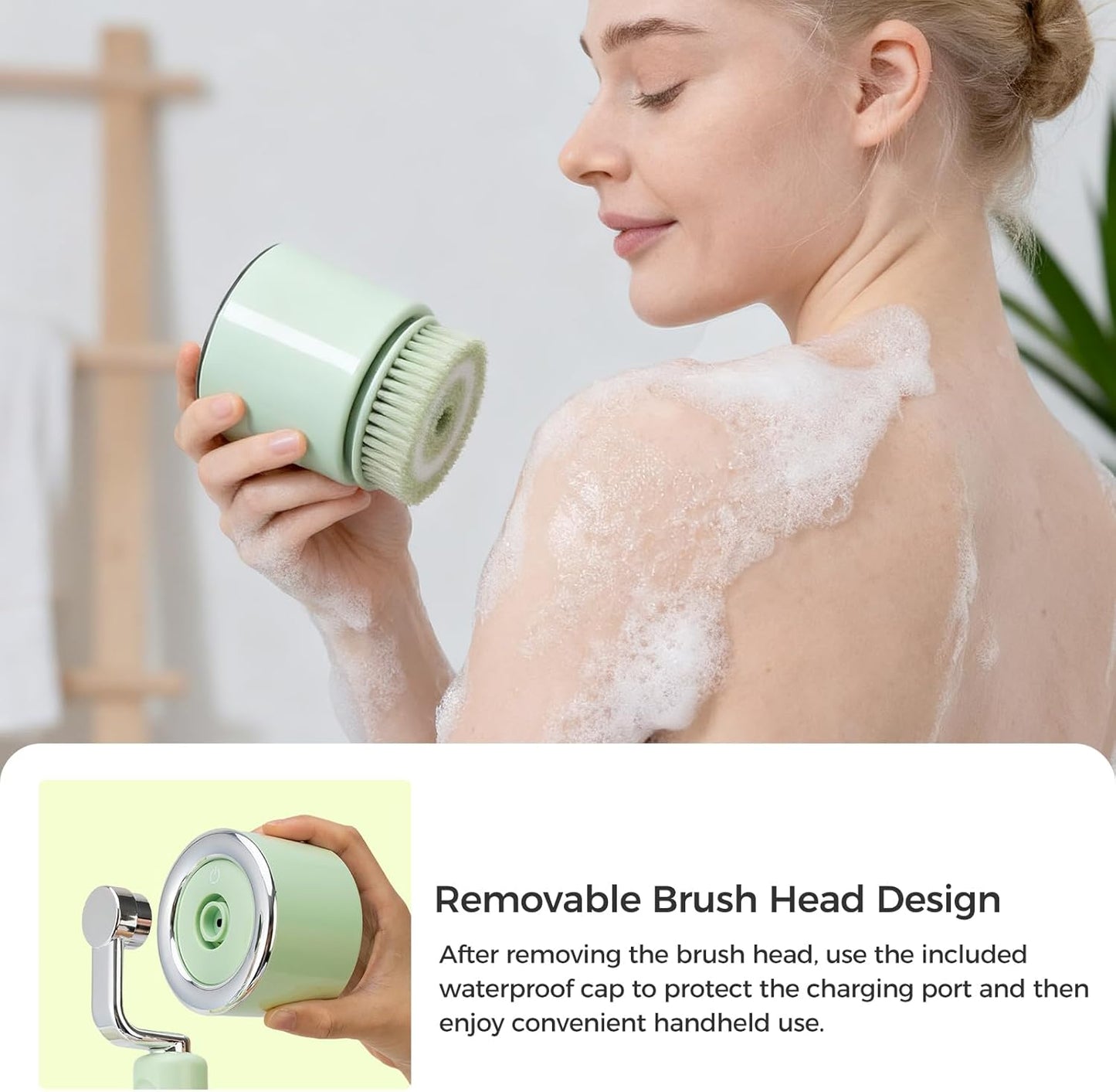 Bath Brush Electric Back Scrubber for Shower, Rechargeable Electric Body Brush with Detachable Long Handle with 5 Heads, Bath Brush with 3 Speeds for Exfoliating, Cleaning and Massaging