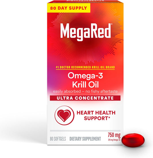 MegaRed Antarctic Krill Oil 750mg, Omega 3 Fatty Acid Supplement, Ultra Concentrate EPA & DHA Softgels, Antioxidant Astaxanthin, Heart Health Supplement with No Fish Oil Aftertaste, 80ct