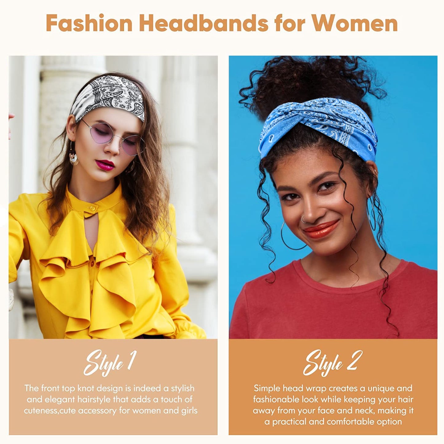 Wide Bandana Head Wraps - Boho Twist Turban Headbands for Women's Hair, Pack of 6