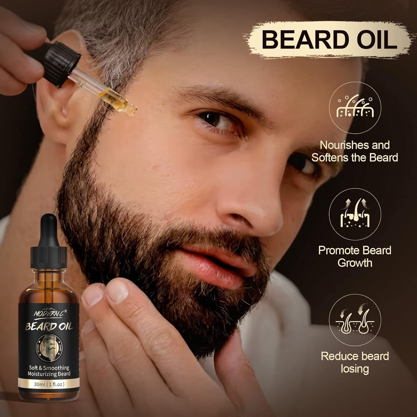 POP MODERN.C Beard Growth Kit Beard Grooming Kit 6pcs Beard Wash Shampoo Beard Oil Beard Balm Beard Comb Brush Scissors