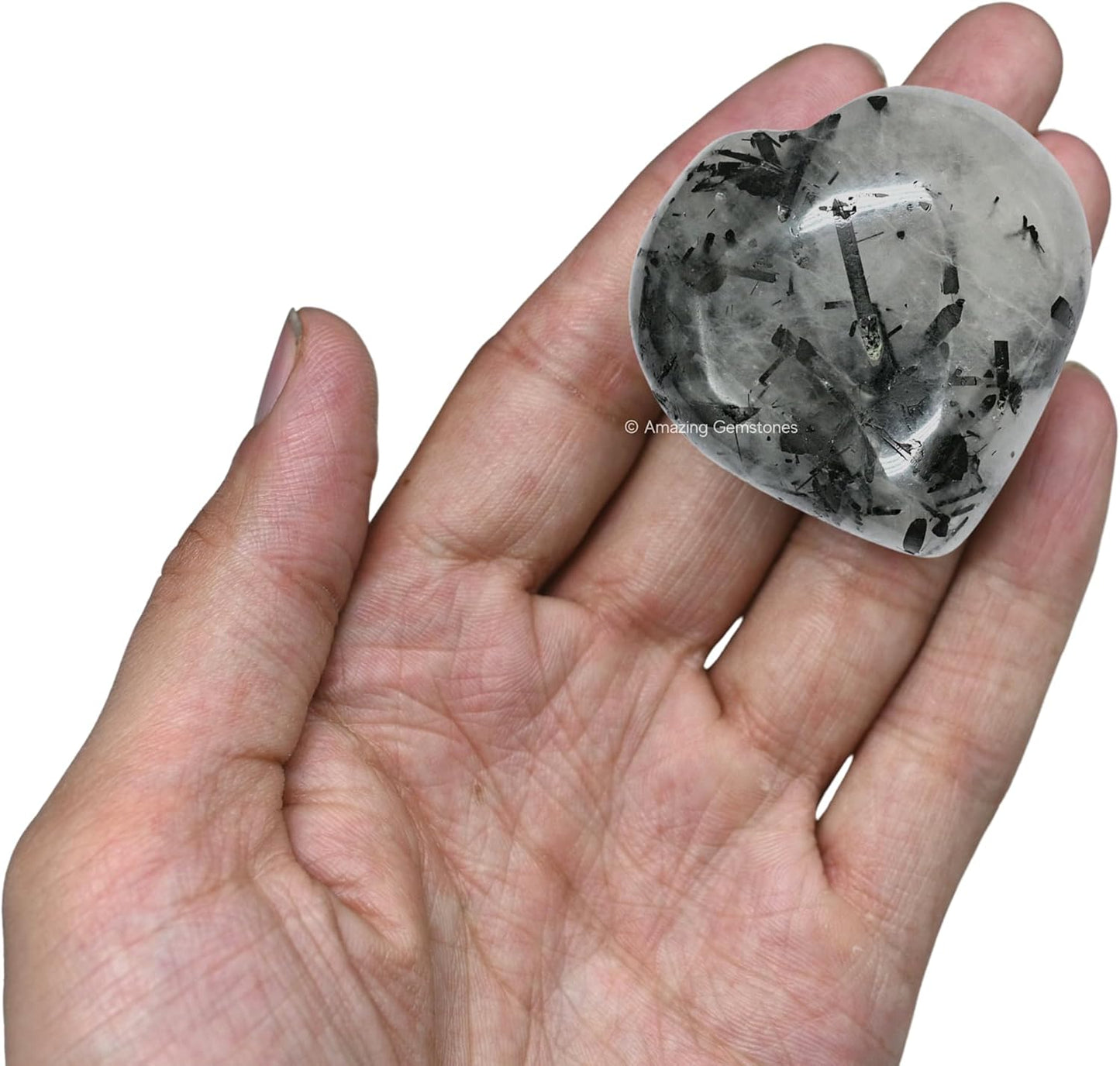 Amazing Gemstone Black Rutilated Quartz Crystal Heart Palm Stone - Pocket Massage Worry Stone for Natural Body Chakra Balancing, Reiki Healing and Crystal Grid