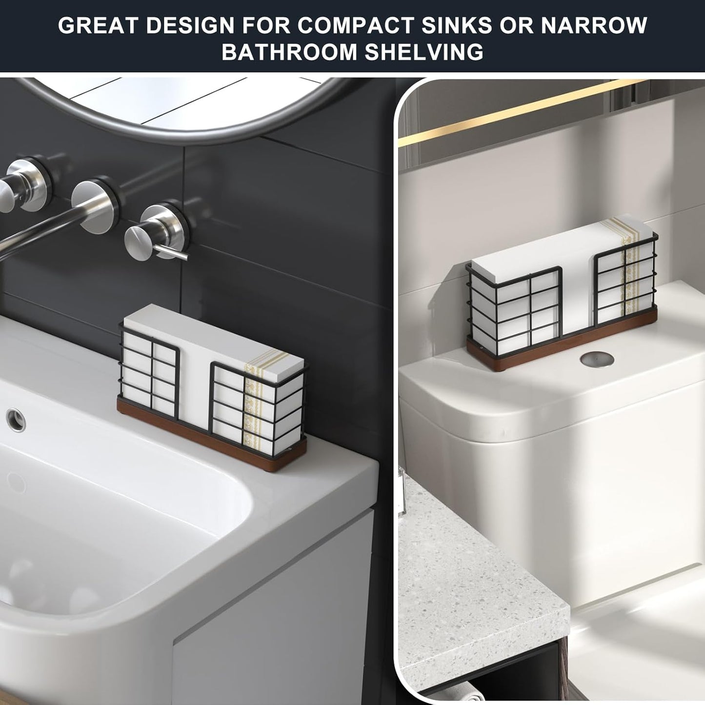 Wican Vertical Stance Bathroom Napkin Holder Takes Up Less Space for Small Guest Bathroom Oak and Iron Towel Tray for Powder Room Wooden Basket for Disposable Paper Hand Towels Black and Walnut