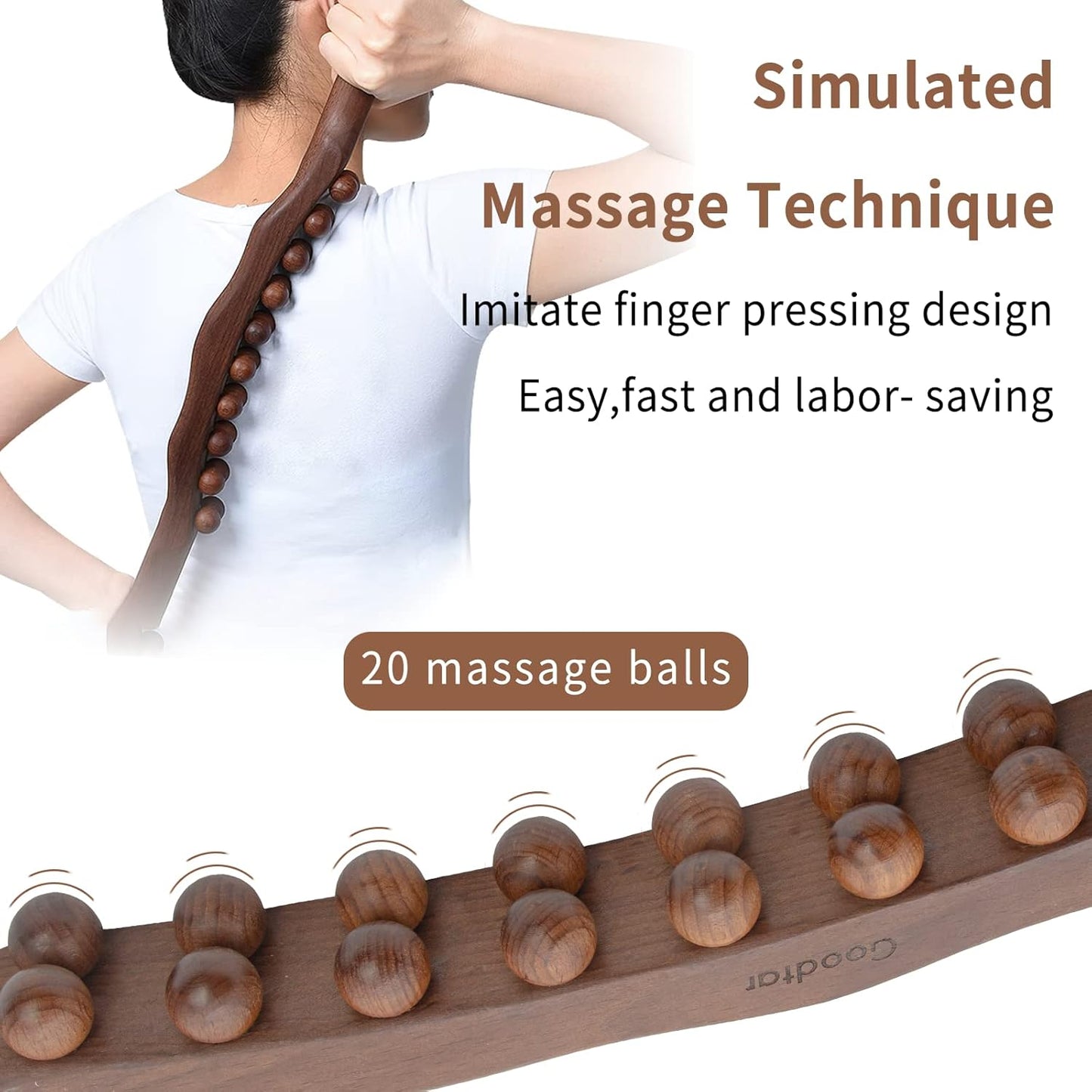Guasha Wood Stick Tools Wooden Therapy Scraping Lymphatic Drainage Massager, Double Row 20 Beads Point Treatment Gua Sha Tools for Back Leg,1 pcs