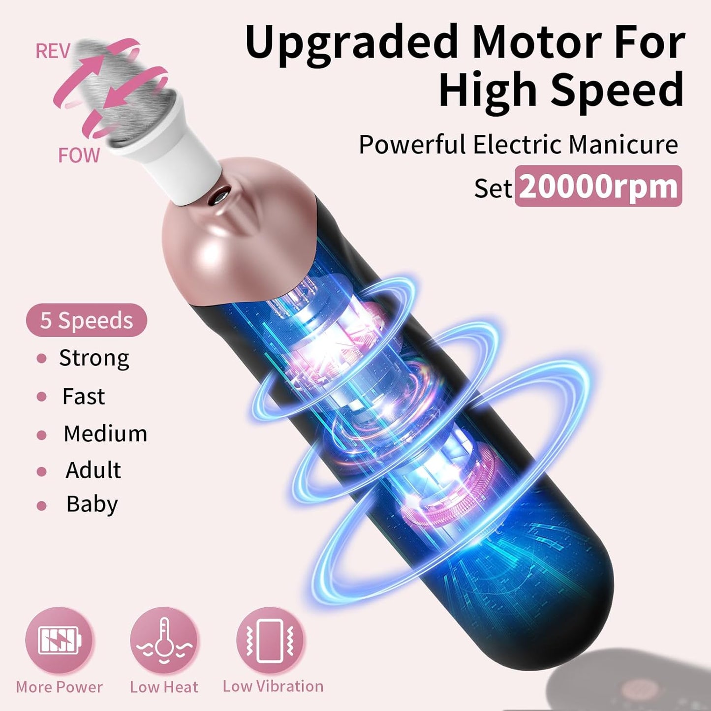 Professional Manicure Pedicure Kit, Cordless Electric Nail File Set, Rechargeable Pedicure Tools for feet, 5 Speeds Hand Foot Care Nail Drill for Thick Nail Toenail Cuticle Women Men Baby Pets