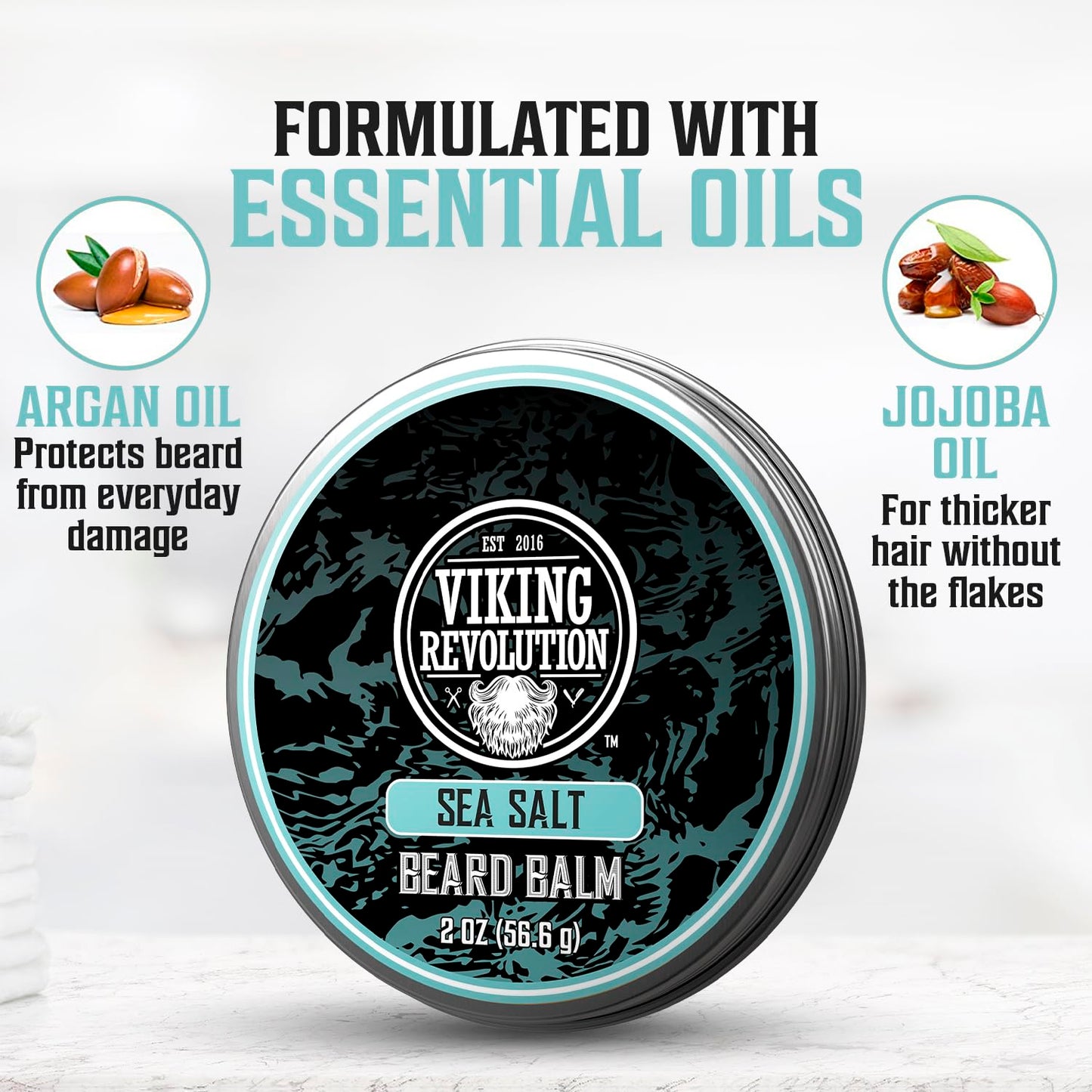 Viking Revolution Sea Salt Beard Balm for Men - Beard Butter for Men with Argan Oil and Jojoba Oil Softener and Moisturizer Styling Balm (1 Pack, 2oz)