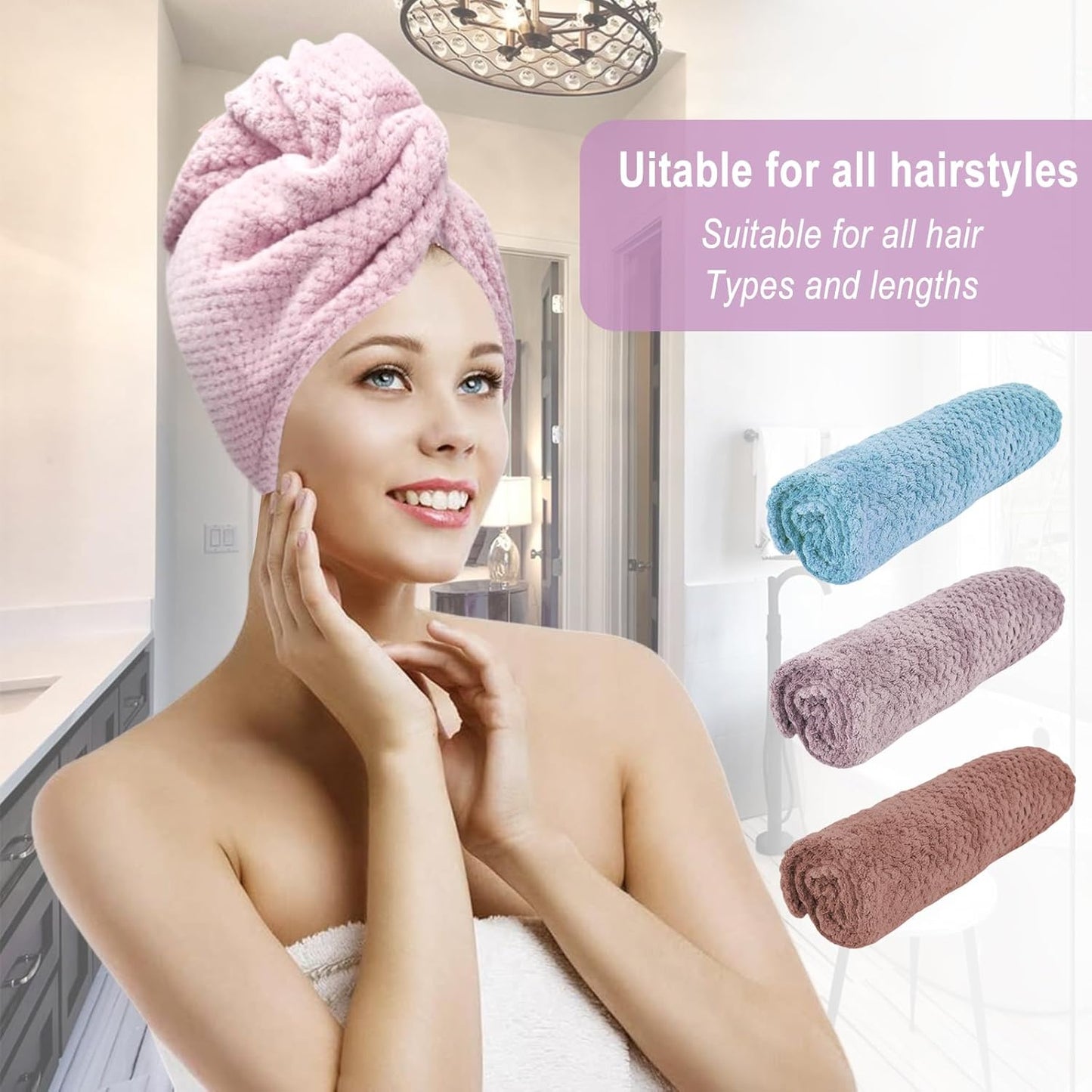 Hair Drying Towel 3 Pack - Ultra Soft Microfiber Turban Twist Hair Wrap for Women - Super Absorbent, Quick Dry Hair Towel Cap for Wet Hair (3 Colors,Purple, Bule, Brown)