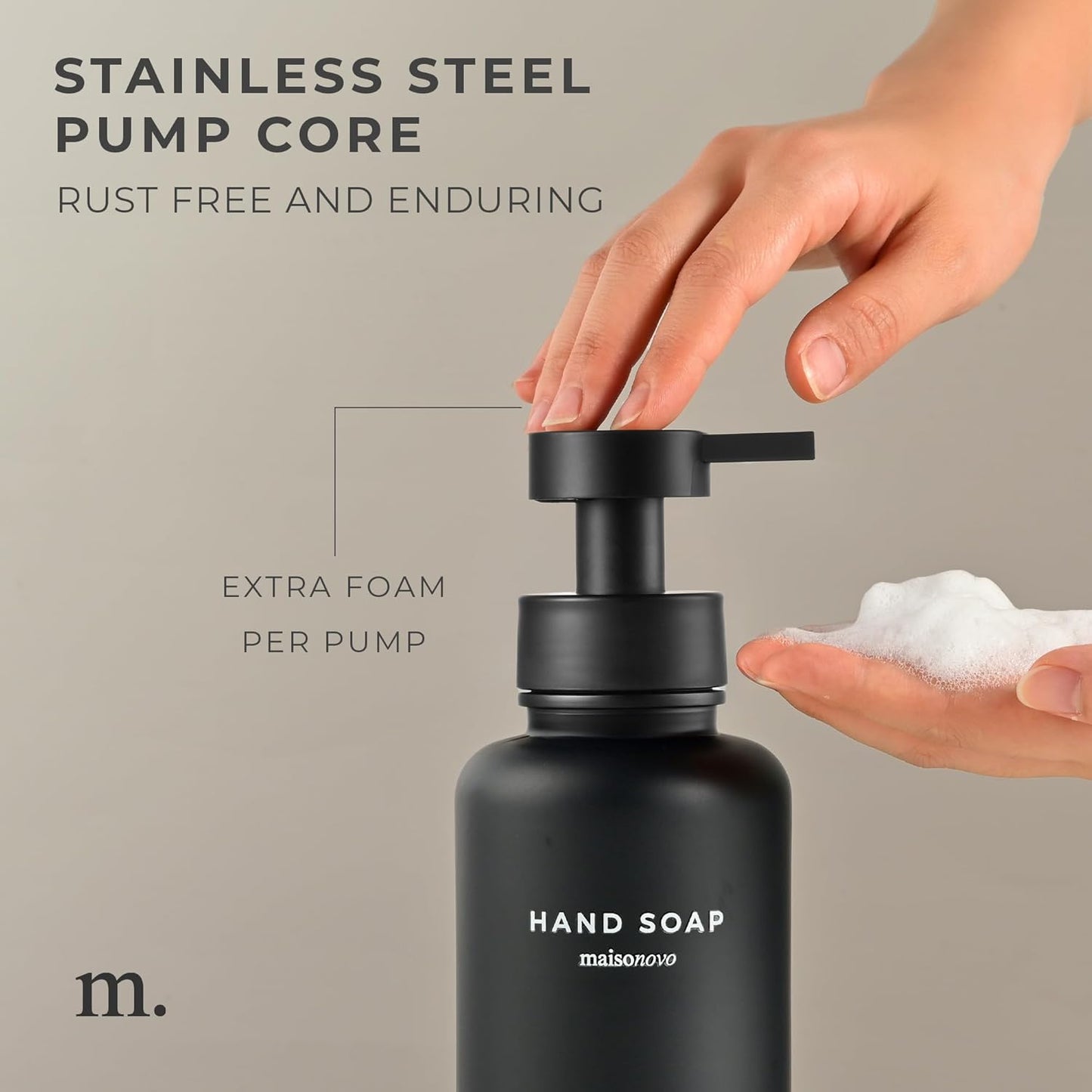 MaisoNovo Glass Foaming Hand Soap Dispenser 14 Oz | Black Foaming Soap Dispenser Black Plastic Pump x 1 w/Labels