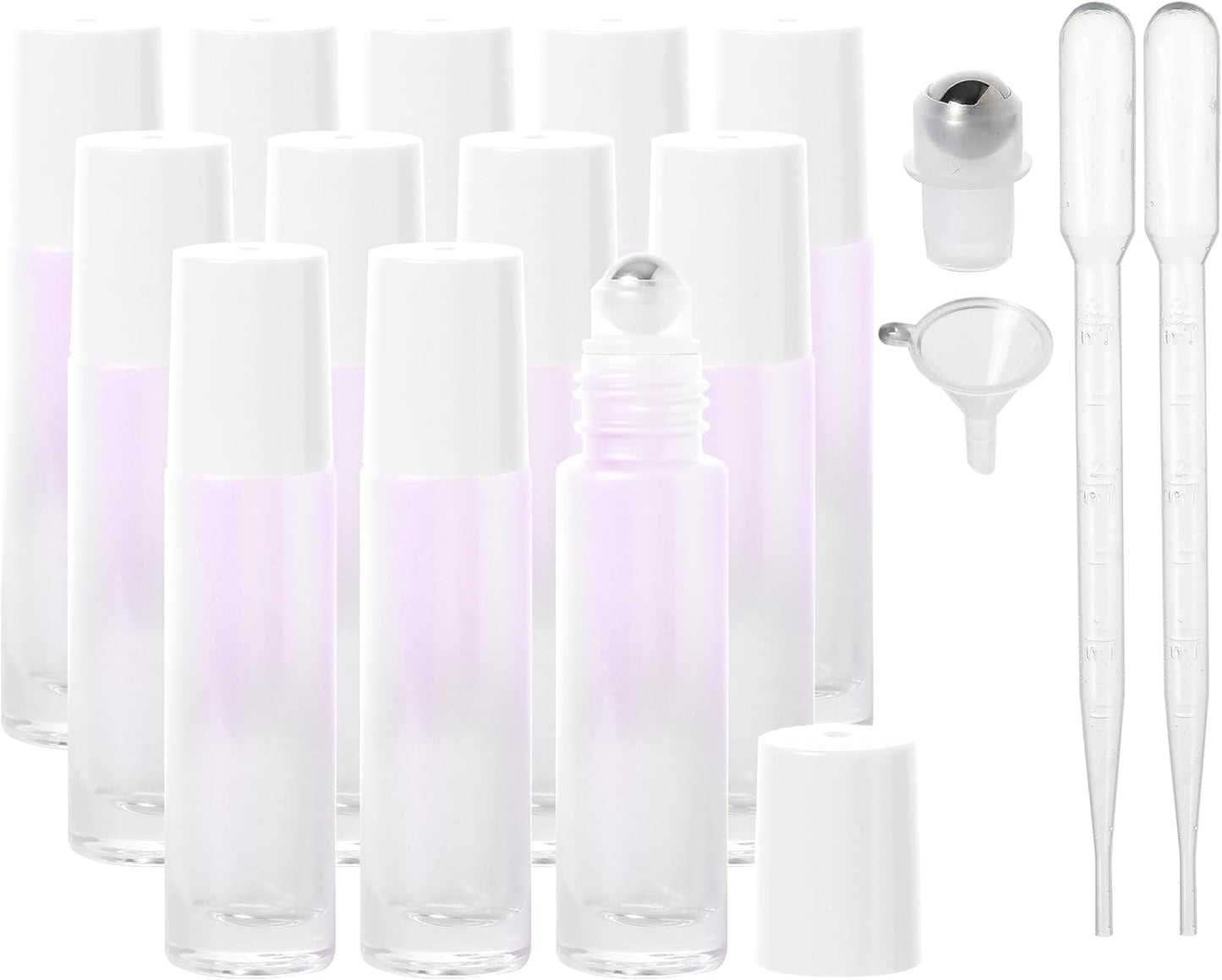 Essential Oil Roller Bottles, 10ml Thick Glass Perfume Roller Bottles with Funnel Opener and Dropper Colored Glass Empty Bottles with Stainless Steel Roller Balls (White, 12 Pack)