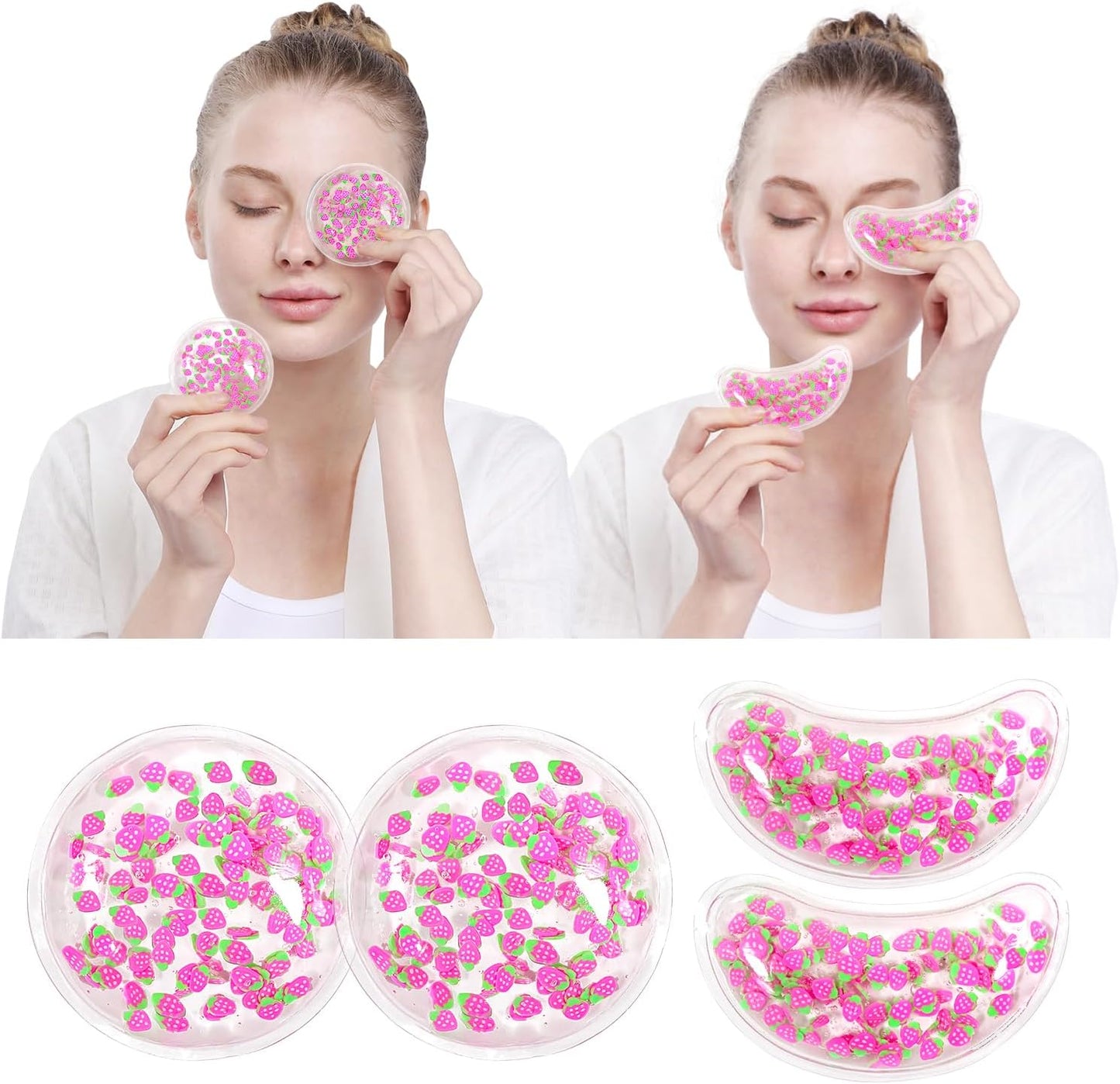 4PCS Gel Eye Ice Pack Set, Cold & Hot Compress, Reusable Cooling Gel Pads for Strain Relief, Relaxation, SPA and Sleep (4 Strawberries)