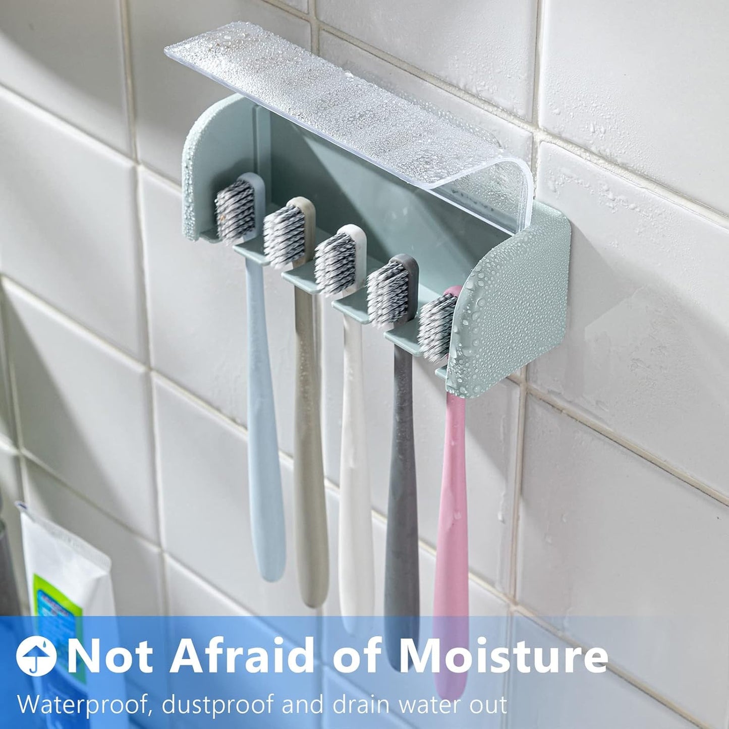 5 Slots Toothbrush Holder Wall Mount with Cover, Self Adhesive Toothbrushes Storage Organizer Perfect for Dorm Bathrooms and Shower, Holds 5 Toothbrushes. (Blue)