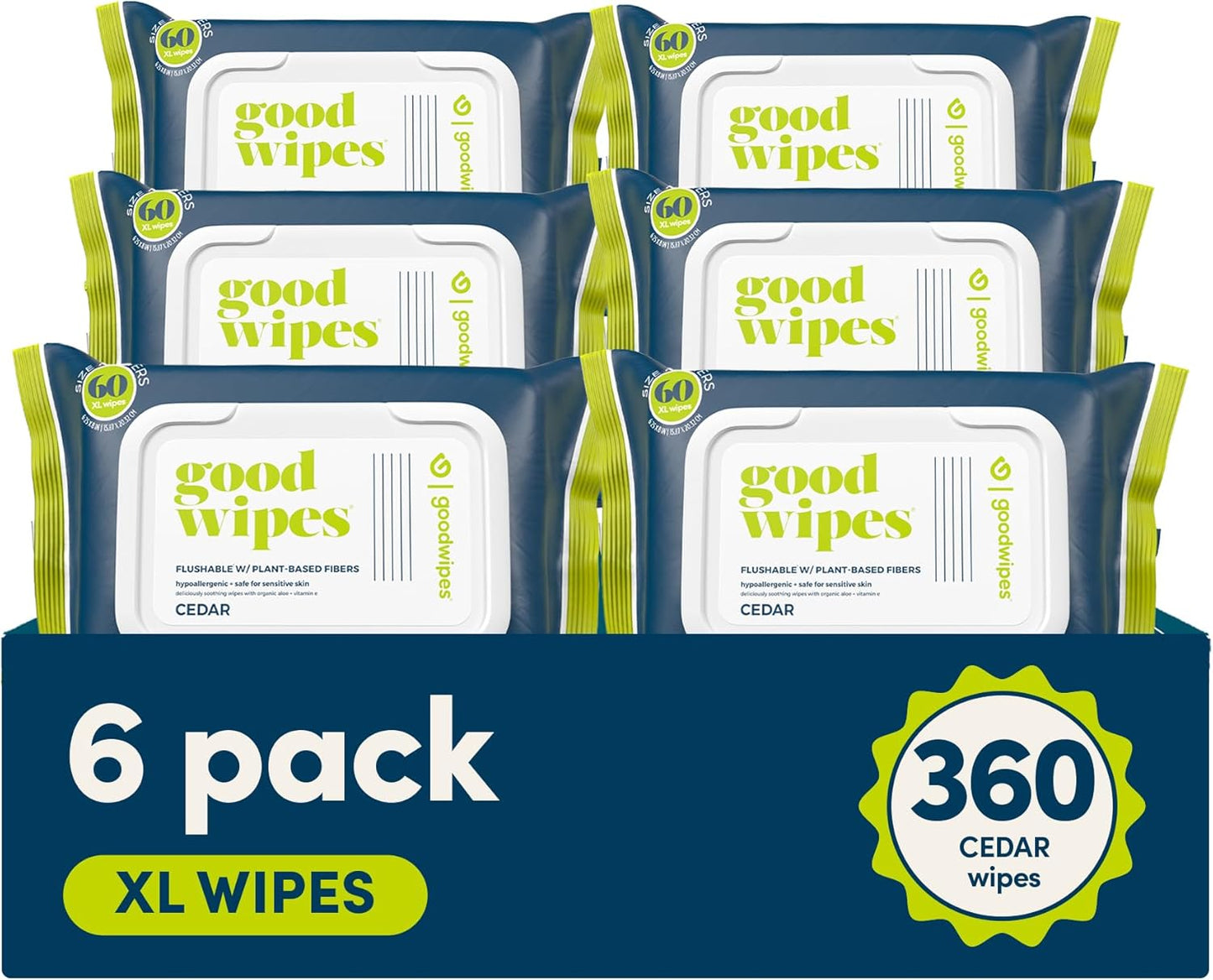 Goodwipes Flushable Butt Wipes Made with Vitamin E & Aloe - Soft & Gentle Wet Wipe Dispenser for Home Use, Septic & Sewer Safe - Largest Adult Toilet Towelettes - Cedar, 360 Count (6 Packs)