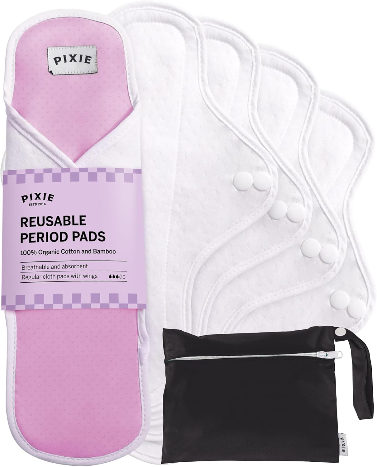 Pixie Cotton Cloth Pads - 100% Organic Reusable Cotton -Ranked 1 for Softest Menstrual Sanitary Napkins - Machine Washable & Includes Free Wet Bag - Menstrual Liner (Regular)