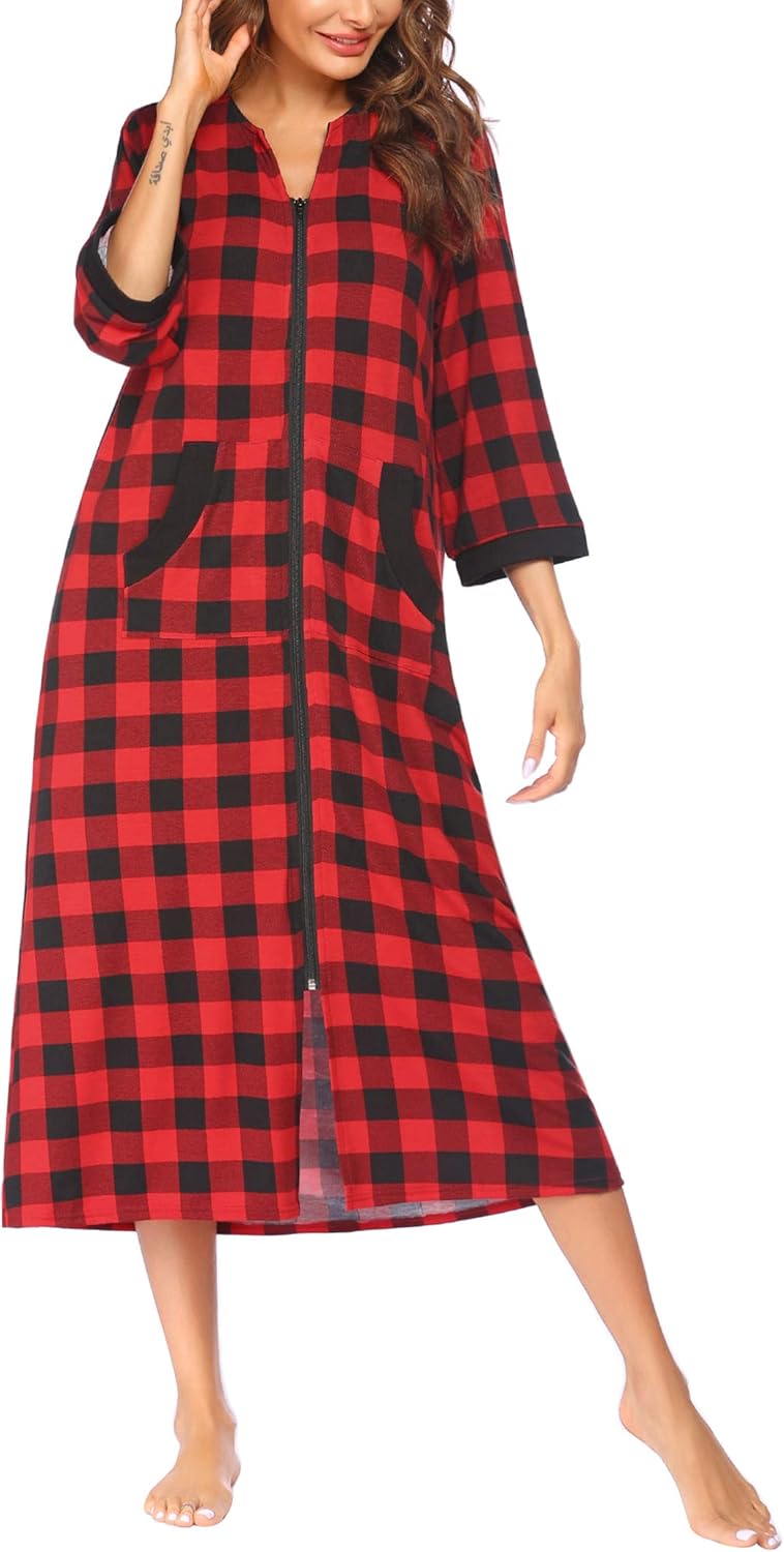 Ekouaer Women Zipper Robe 3/4 Sleeves Loungewear Dress Full Length Sleepwear Pockets Housecoat Nightgown Long Bathrobe