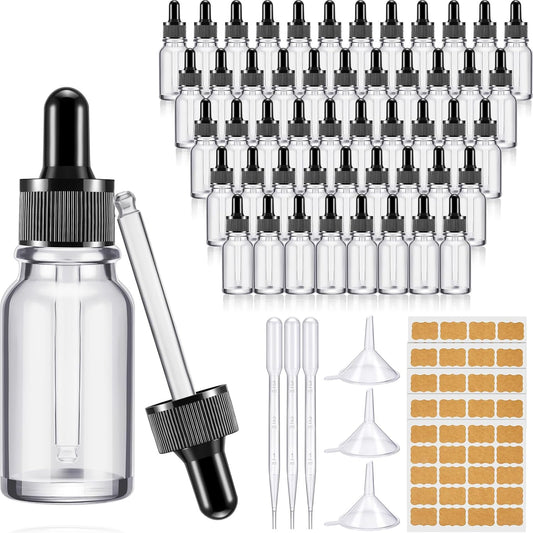 Lallisa 100 Pack Essential Oil Dropper Bottle 15 ml (1/2 Oz) Glass Dropper Bottles DIY for DIY Essential Oil Perfume with 5 Funnels 5 Pipettes 3ml 100 Labels for Bathrooms, Hotels, Labs (Clear)