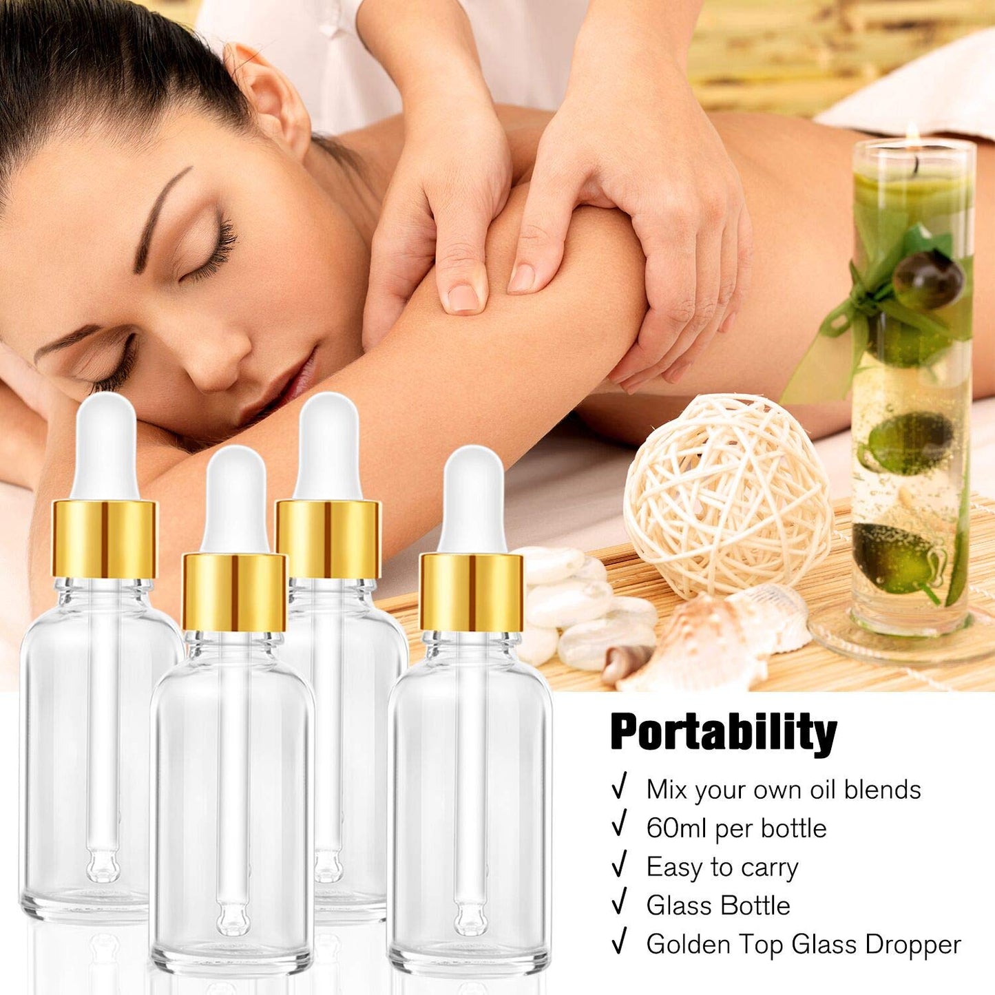 PrettyCare 2 oz Dropper Bottles, 4 Pack Clear Glass Bottles 60ml with Golden Caps, 12 Labels, Funnel & Measured Pipettes-Empty Tincture for Essential Oils & Skincare