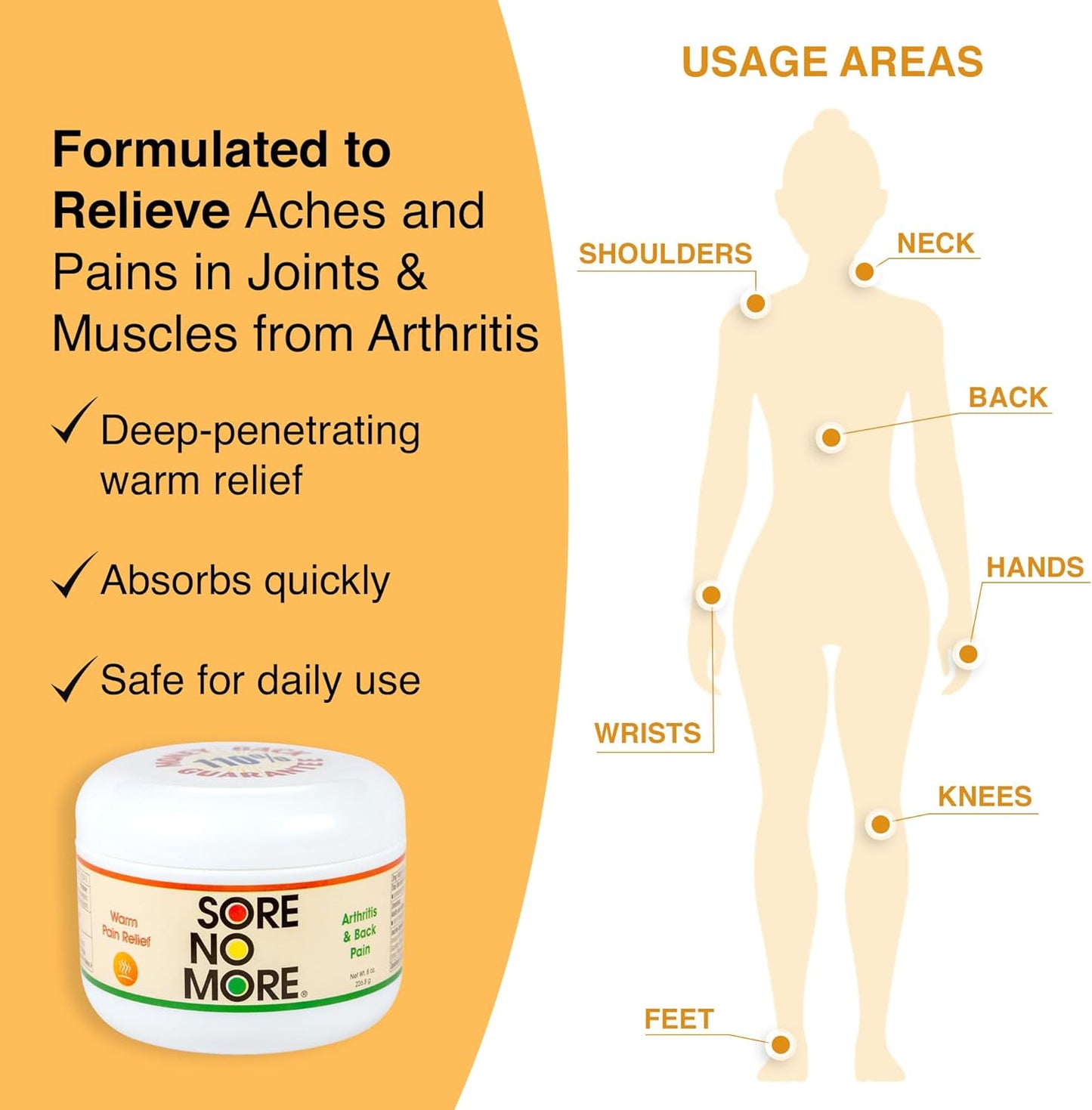 Sore No More Warm Arthritis Pain Relief Cream – Targeted Reliever for Back, Neck, Hands & Feet – Soothing & Fast-Acting Formula for Aches and Pains – Non-Greasy with Orange Aroma – 8 oz