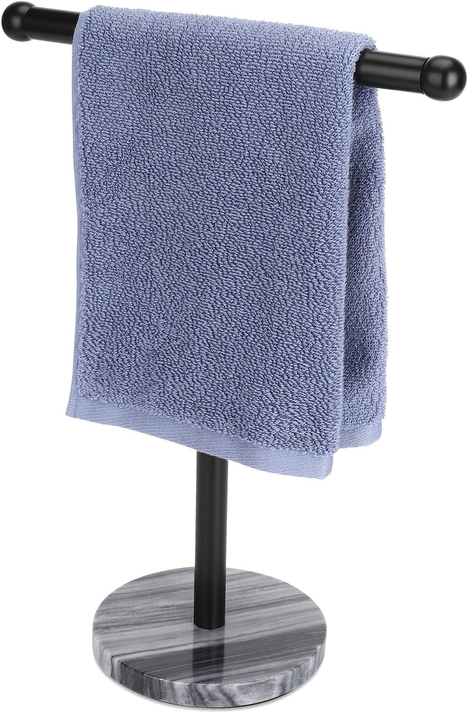 Black Hand Towel Holder Stand with Heavy Marble Base, T-Shape Towel Rack, Free-Standing for Bathroom Vanity Countertop, 304 Stainless Steel (Black)