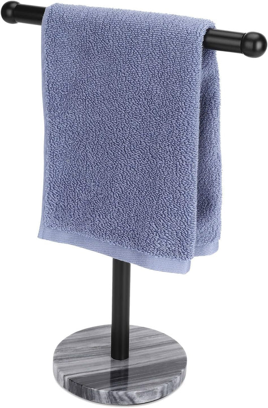 Black Hand Towel Holder Stand with Heavy Marble Base, T-Shape Towel Rack, Free-Standing for Bathroom Vanity Countertop, 304 Stainless Steel (Black)