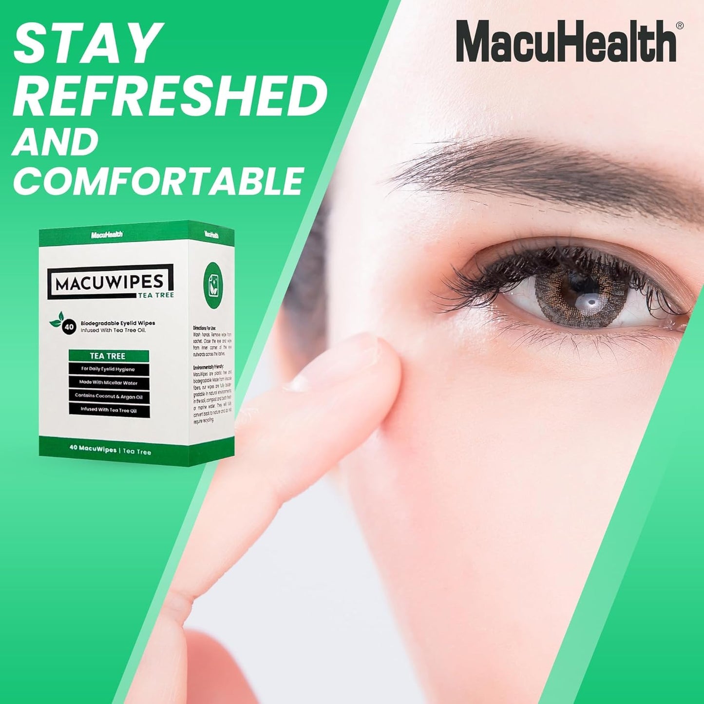 MacuHealth MacuWipes Tea Tree - Pre-Moistened Eyelid Wipes for Dry Eyes, Blepharitis & Sore Eyes, Eye Makeup Remover, Rinse-Free Formula with Tea Tree & Coconut Oil, Individually Wrapped - 40 Count
