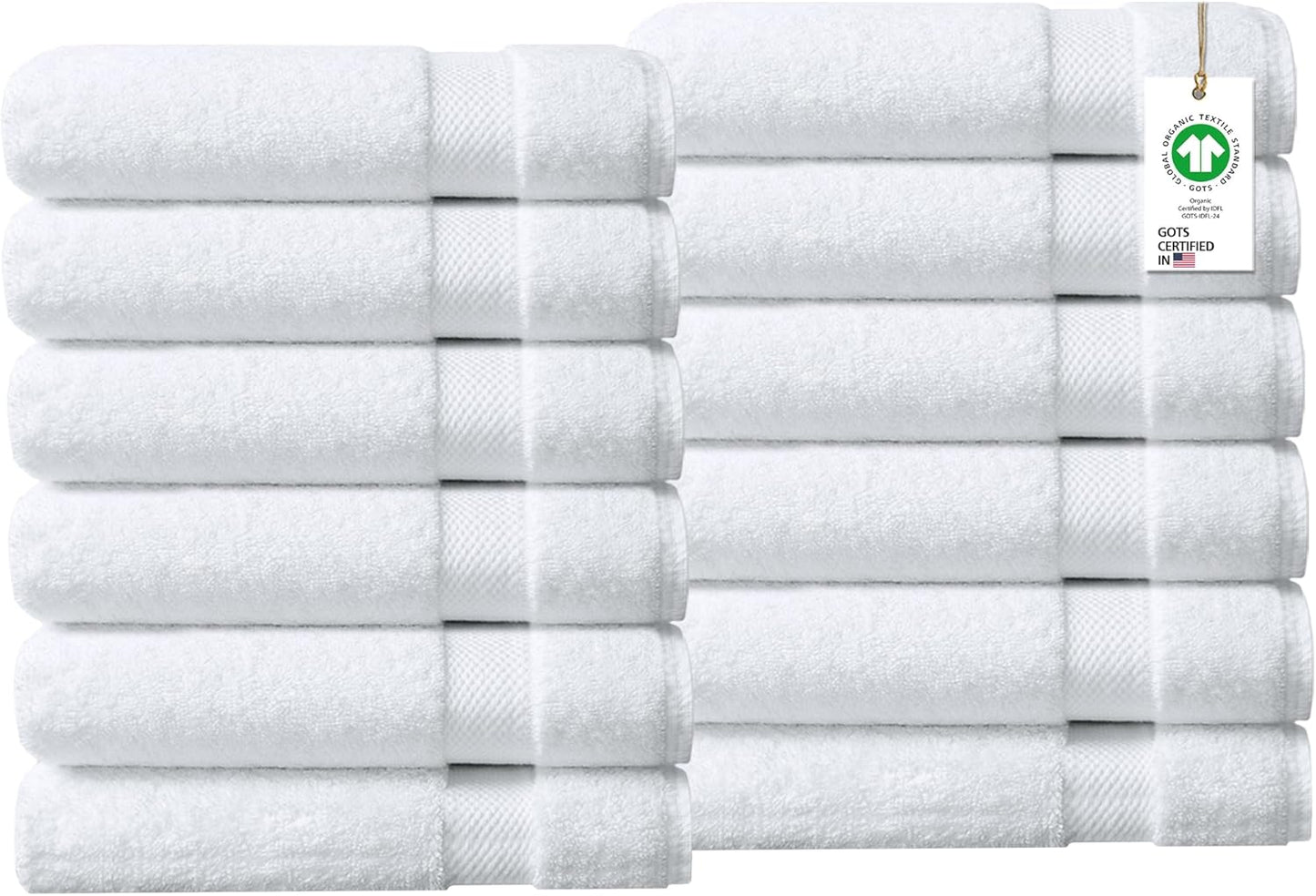 Delara 100% Organic Cotton Towels 650 GSM Plush Feather Touch Quick Dry Hand Towel, Pack of 12 GOTS Certified, Oeko-Tex Green Certified, Organic Cotton Hand Towel, 20"X30"