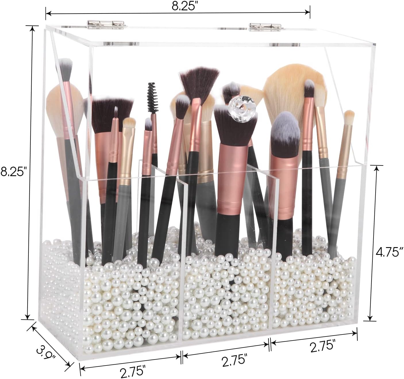 Acrylic Makeup Brush Holder, Clear Cosmetic Storage Box with 3 Brush Holders, Dust Cover, Large-Capacity Split Design for Organizing Vanity Desk