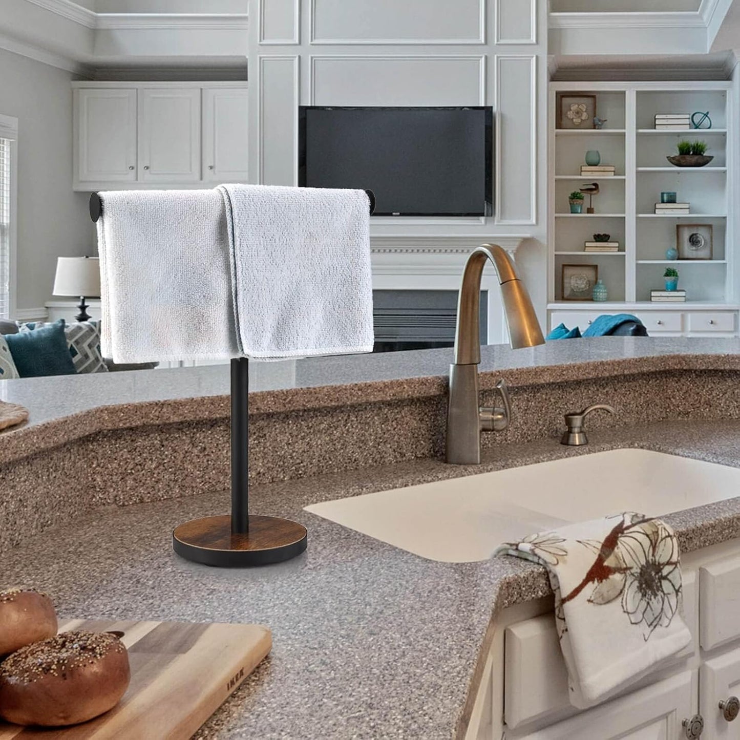 Towel Holder Stand, Countertop Hand Towel Stand for Bathroom and Kitchen, Free Standing Counter Towel Rack with Weighted Wood Base, Rustic Black and Brown