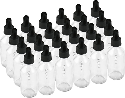 BILLIONSTARS 24 Pack 2oz Glass Boston Round Bottle with Graduated Calibrated Glass Pipettes - Clear - Tincture Bottles for Essential Oils, Liquids - Leakproof Travel Bottles
