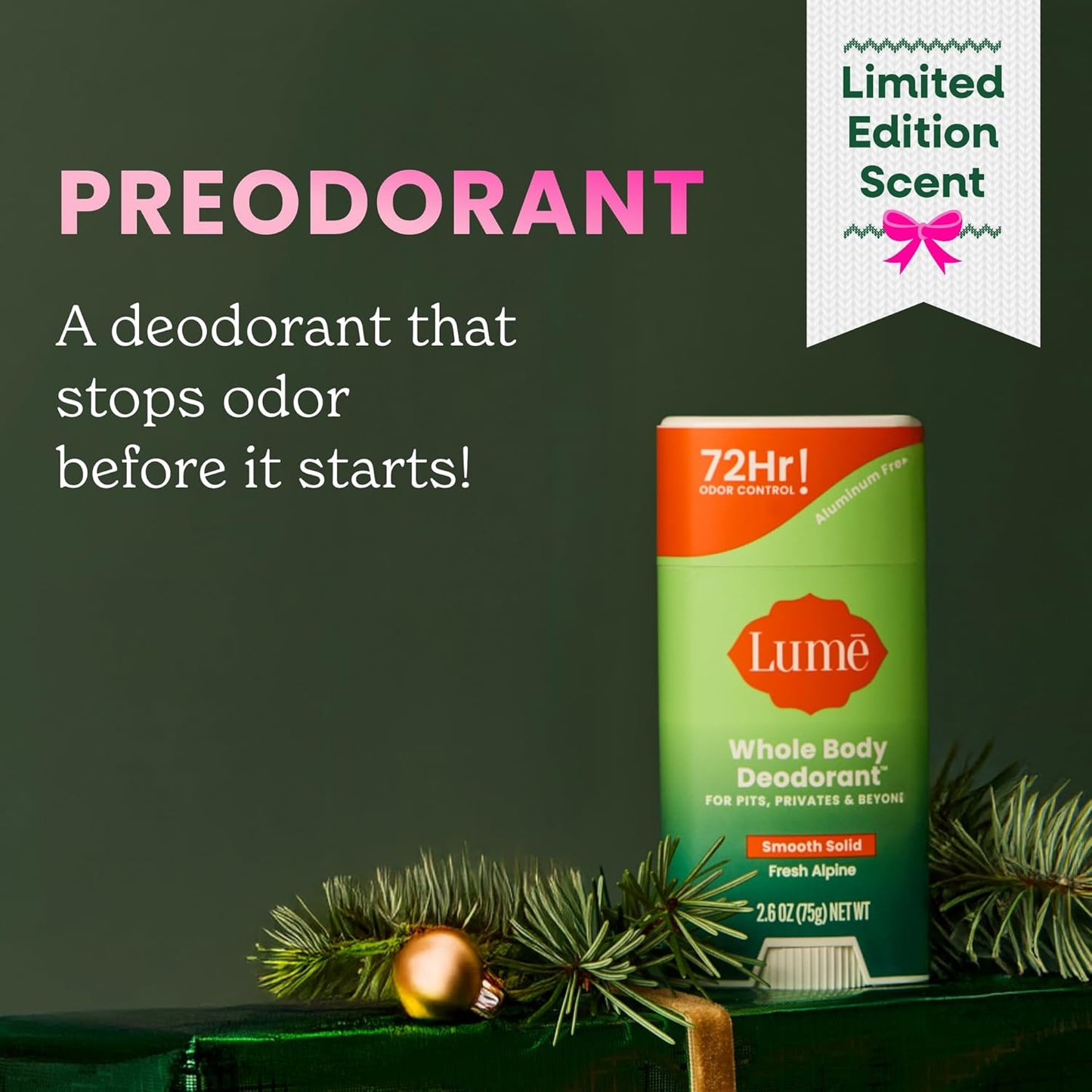 Lume Whole Body Deodorant - Smooth Solid Stick - 72 Hour Odor Control - Aluminum Free, Baking Soda Free and Skin Loving - 2.6 Ounce (Pack of 3) (Fresh Alpine)