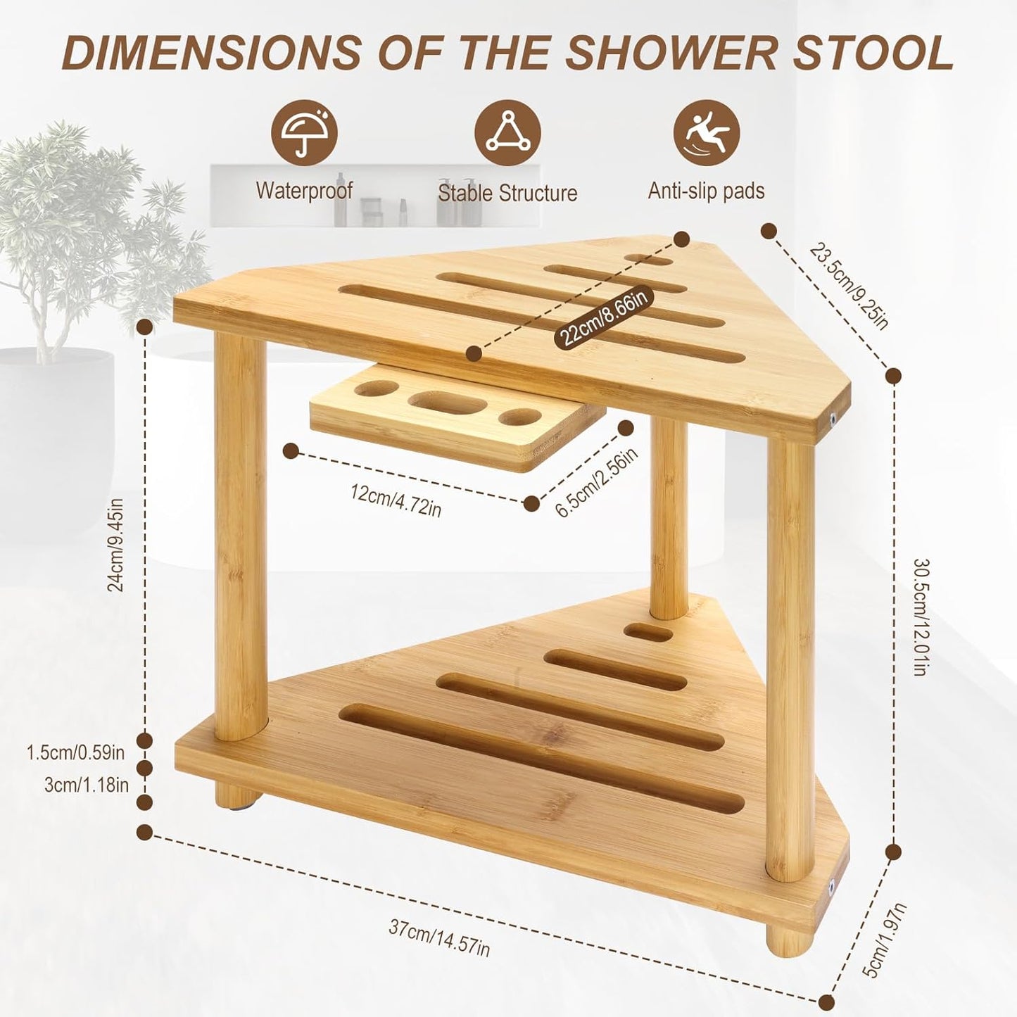 Bamboo Small Shower Corner Stools Bench,Waterproof Shower Chair for Inside Shower, with 2 Tire Storage Shelf,Foot Rest for Shaving Legs for Small Space,Gifts for Women/Mom,14.5x8.6x12 Inch