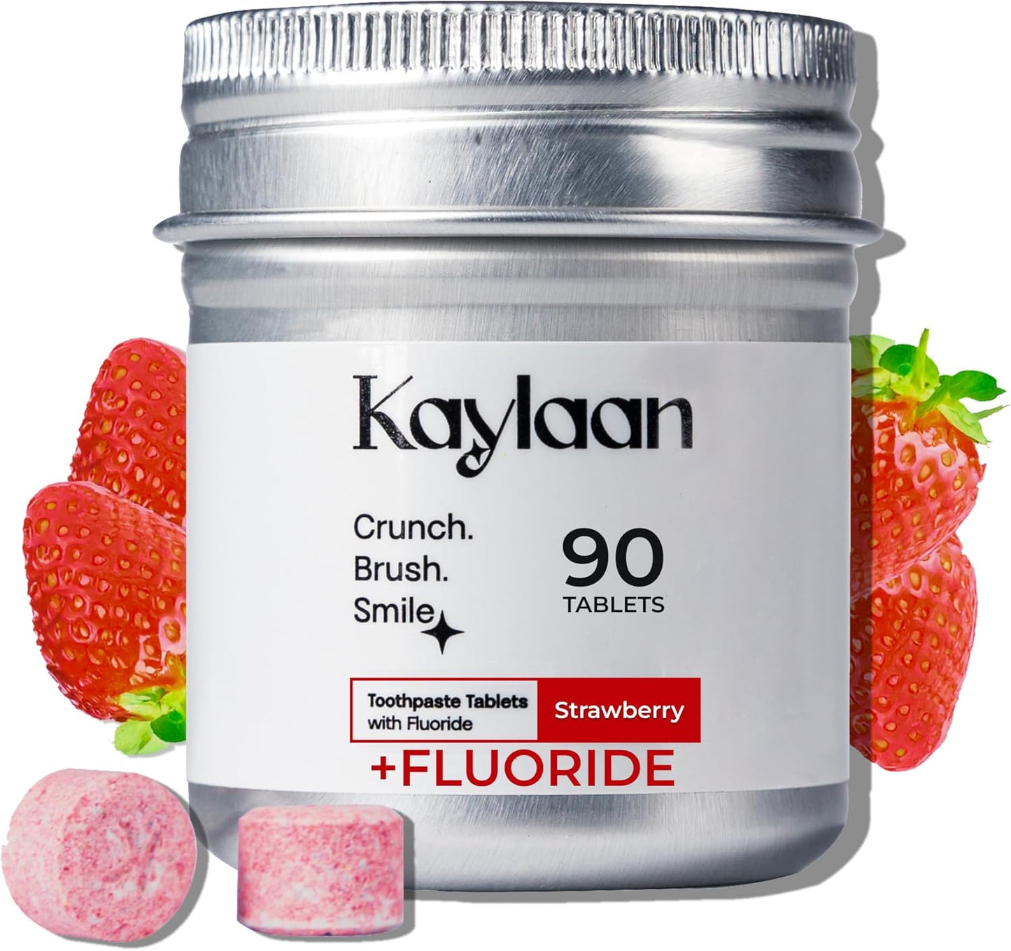 Kalyaan Kids Toothpaste Tablets with Fluoride | Whitening, Sensitivity Relief & Cavity Protection | Chewable, Plastic-Free, Travel-Friendly - Strawberry, 90 Count, Made in USA