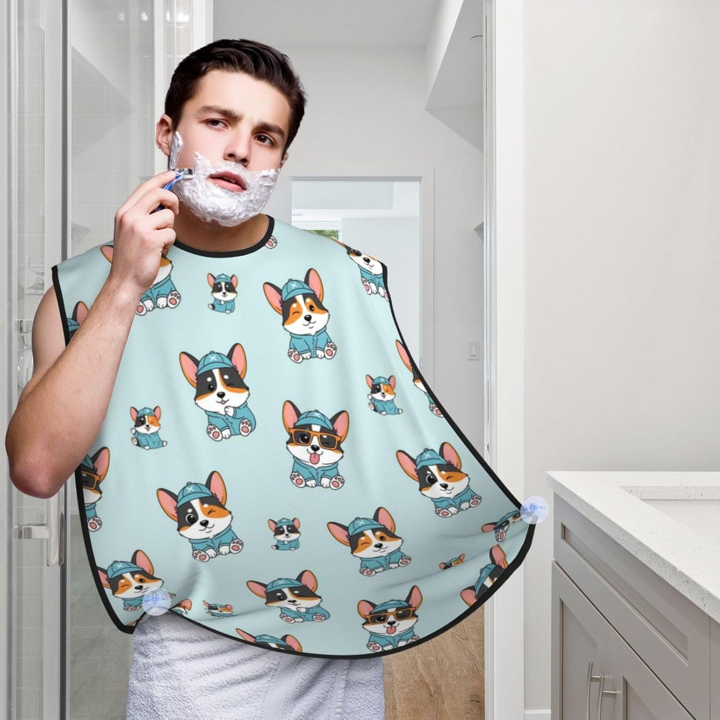 Professional Beard Bib, Non-Stick Hair Catcher Apron Waterproof, Shaving Grooming Essential for Men Dad, Cute Corgi Tricolor Dog Shave Bib