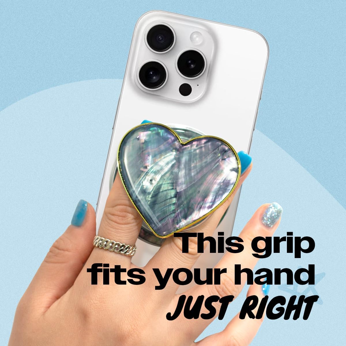 OnTheGrip Cute Natural Seashell Design Heart Shape Collapsible Mobile Phone Grip Stand Holder for Smartphone Tablet Cell Phone Accessory (Blue Green)