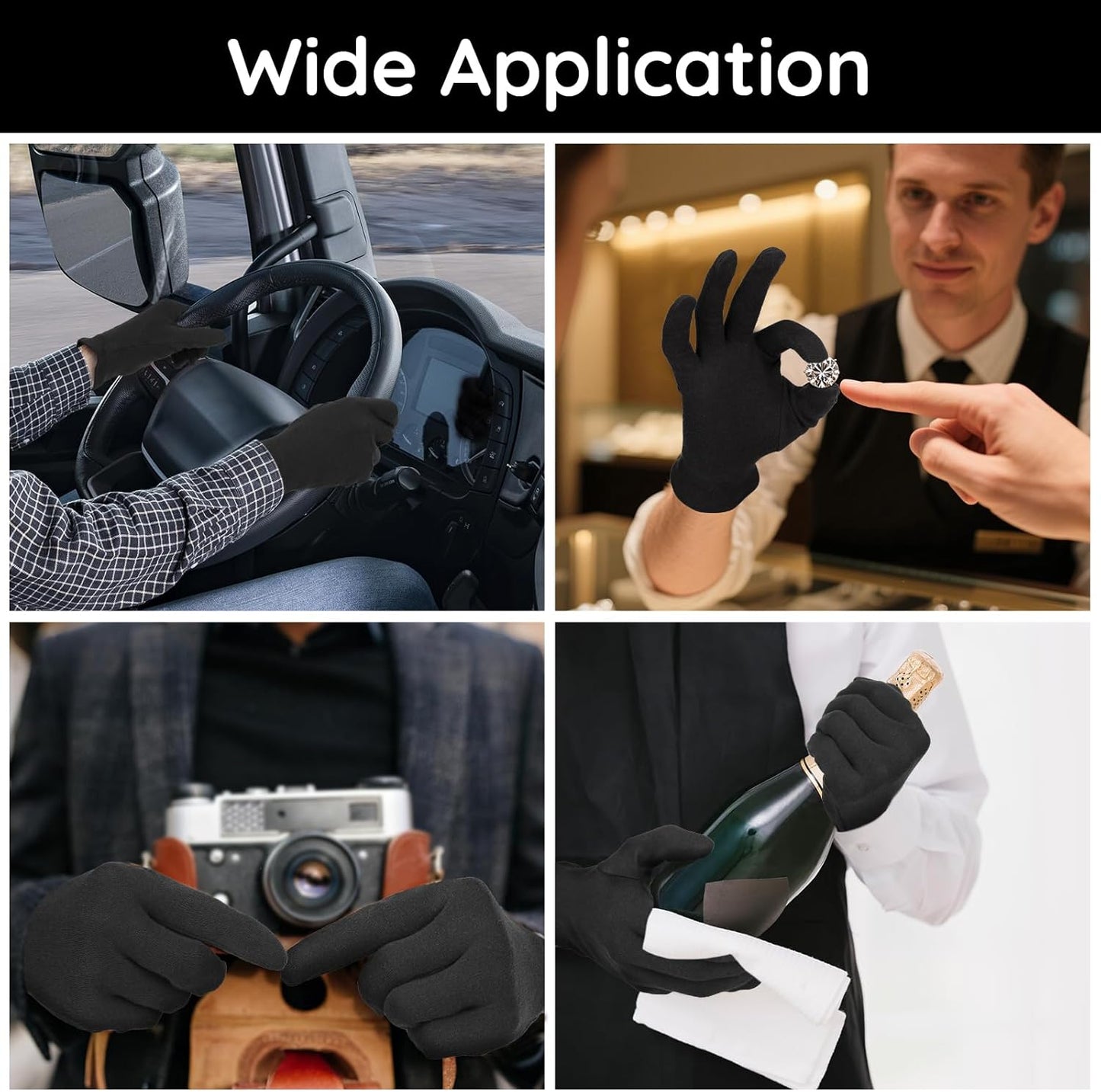 Segbeauty 12 Counts Elastic Hand Moisturizing Cotton Gloves Black for Dry Hands Overnight, 6 Pairs Lotion Sleep Gloves Cotton Glove Liners with Elastic Band, Driving Working Sleeping Glove At Home Spa