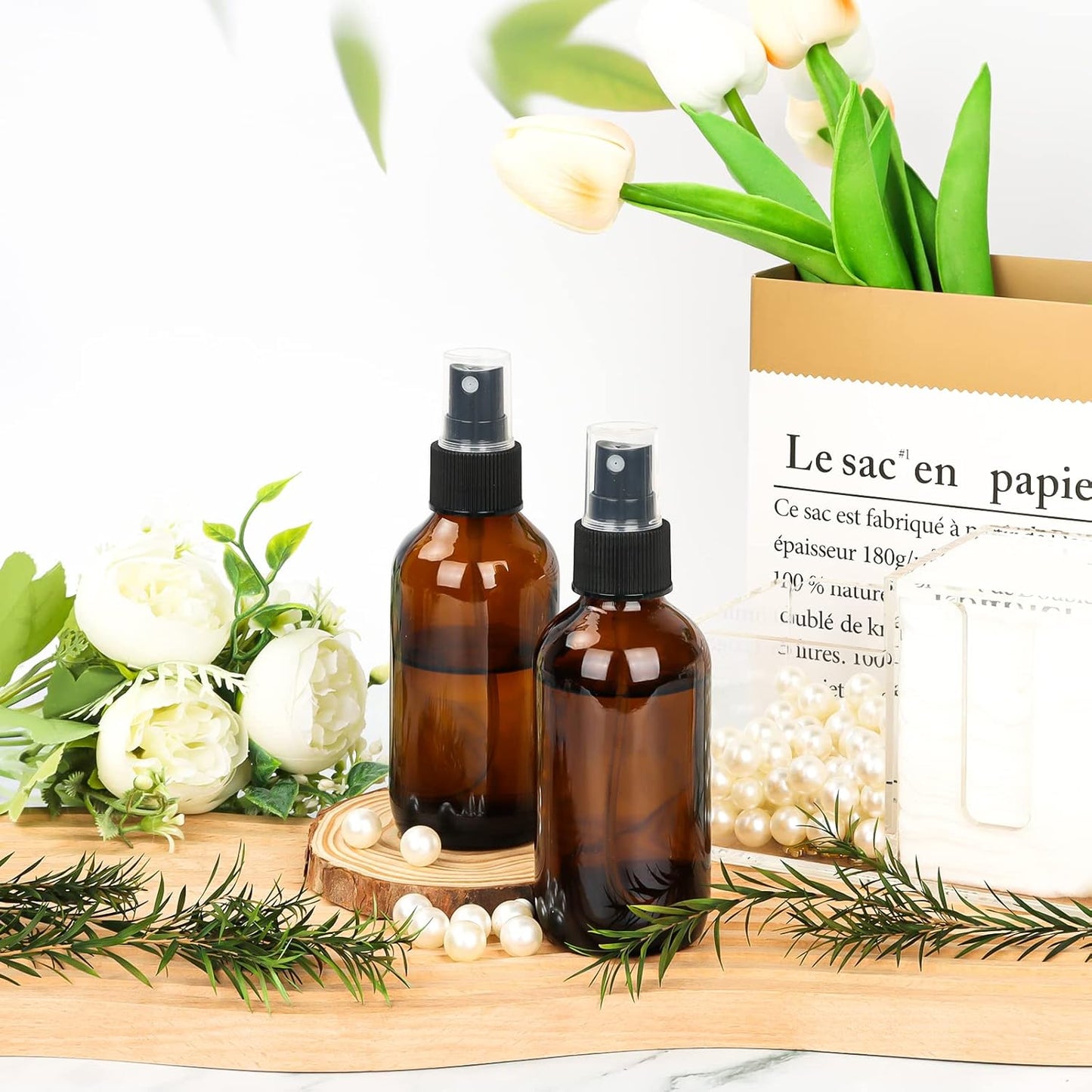 CycleMore 25 Pack 4oz Amber Glass Spray Bottles with Fine Mist Sprayers, Glass Travel Bottles for Cosmetic Essential Oils Cleaning Solutions Perfumes & More Liquids Ideal GIft