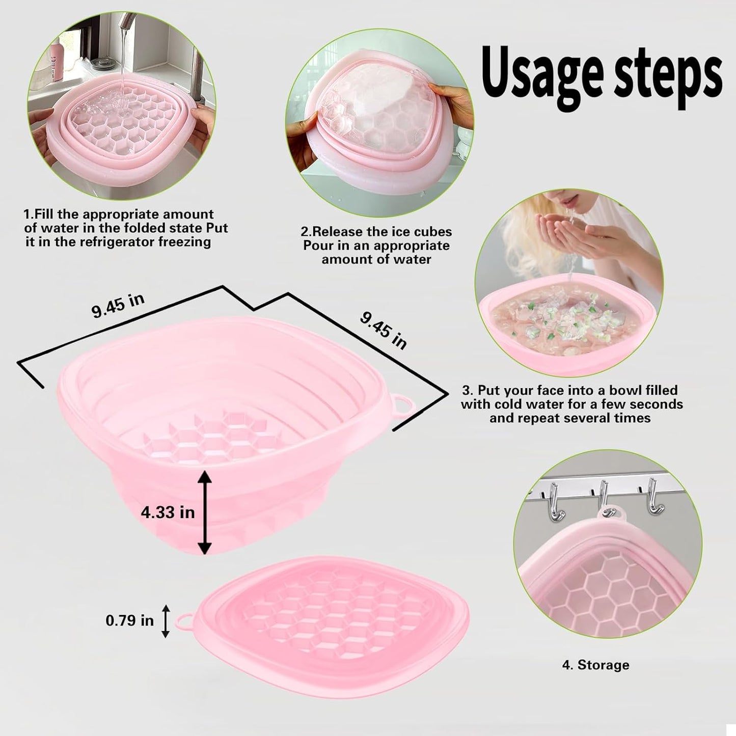 Face Bowl for Ice with Built-in IceTray,Collapsible Silicone Face Ice Bowl – Cold Plunge Therapy for Skin Tightening & Facial Treatment– Portable Spa Tool for Home & Travel（Pink) ﻿