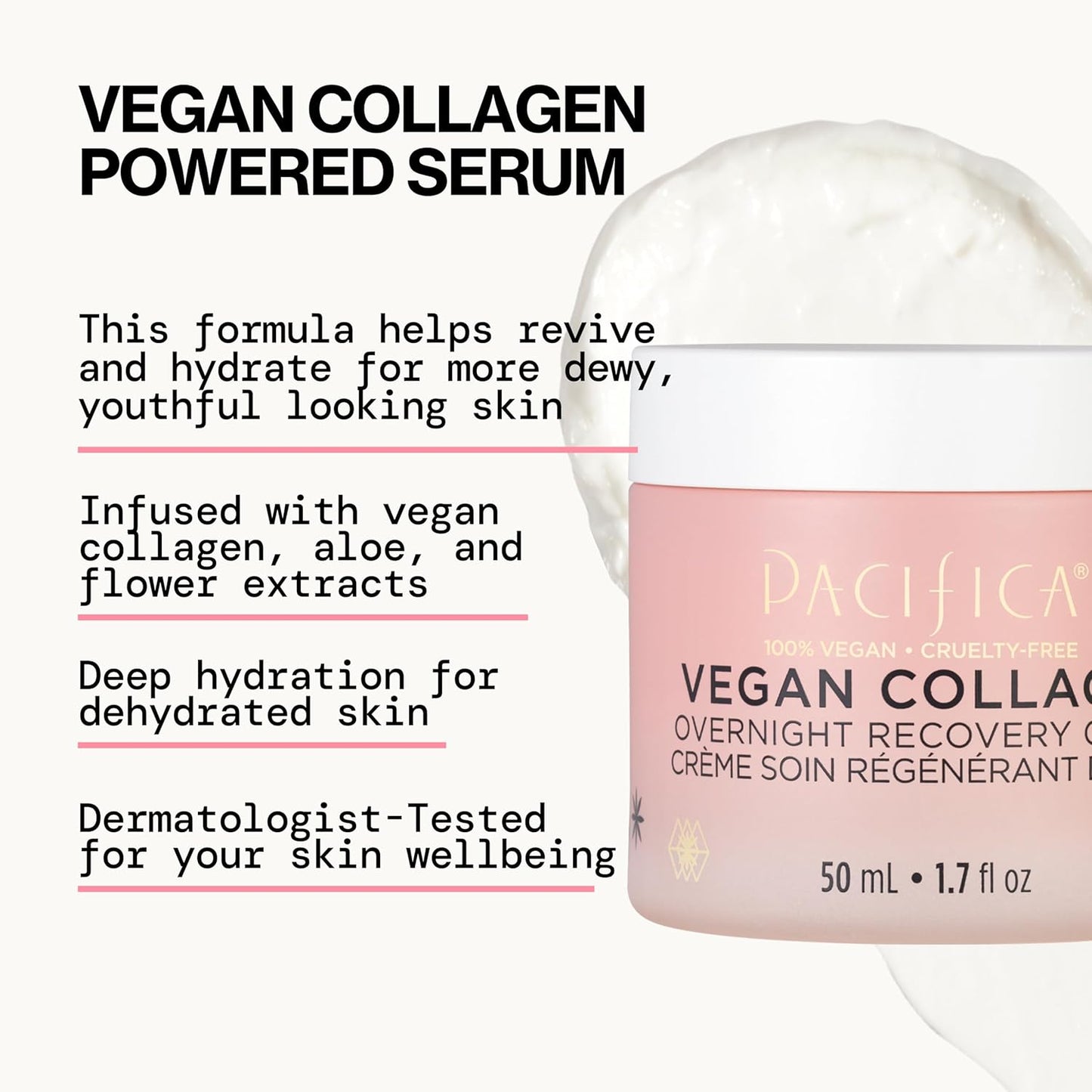 Pacifica Night Face Cream - Vegan Collagen Overnight Recovery Cream, Nighttime Face Cream for Anti-Aging & Wrinkles, Improves Dry Skin & Redness Vegan, Clean Beauty, Dermatologist Tested