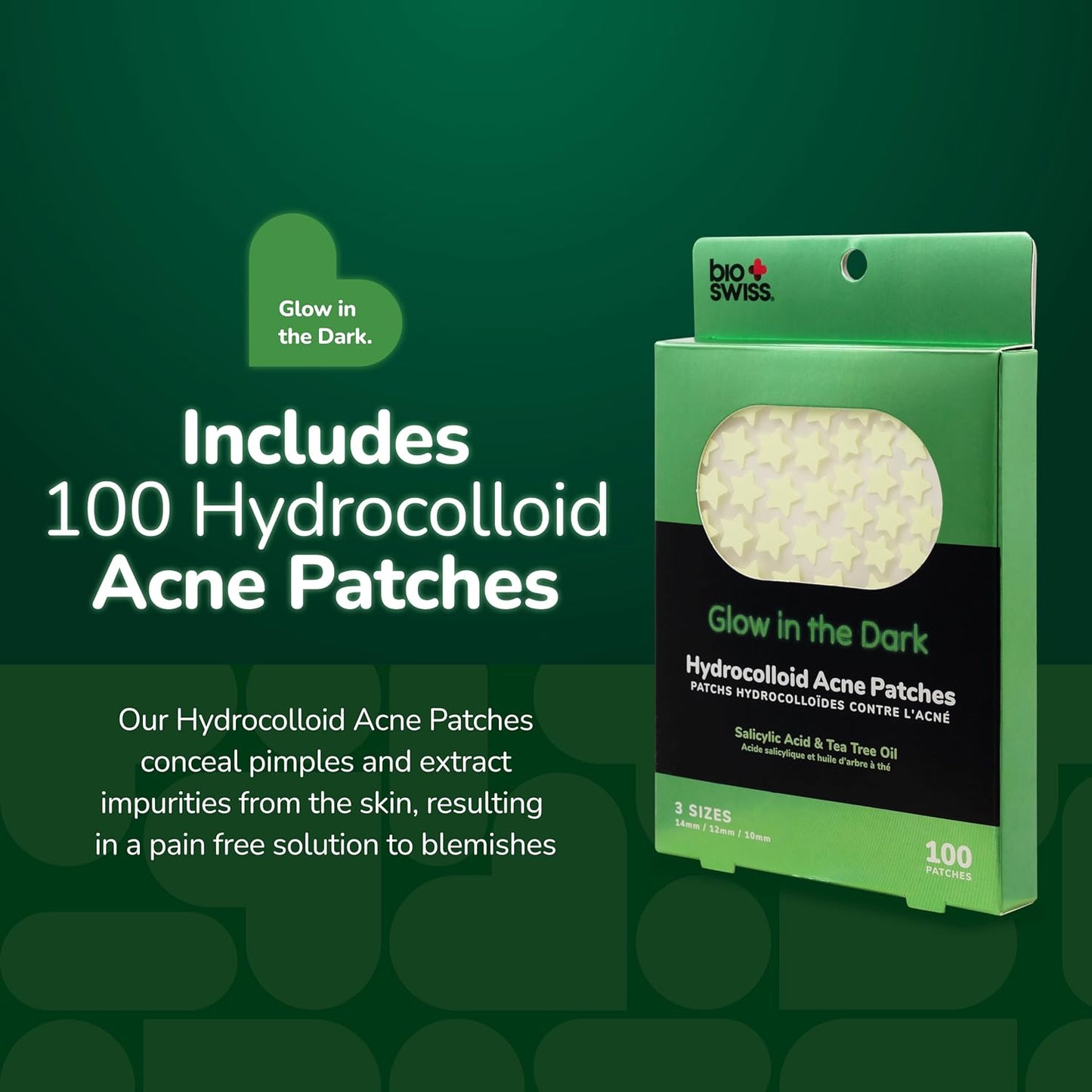 BioSwiss Pimple Patches, Glow in the Dark Patch for Zits and Blemishes, Hydrocolloid Spot Stickers for Face and Skin, 100 Count