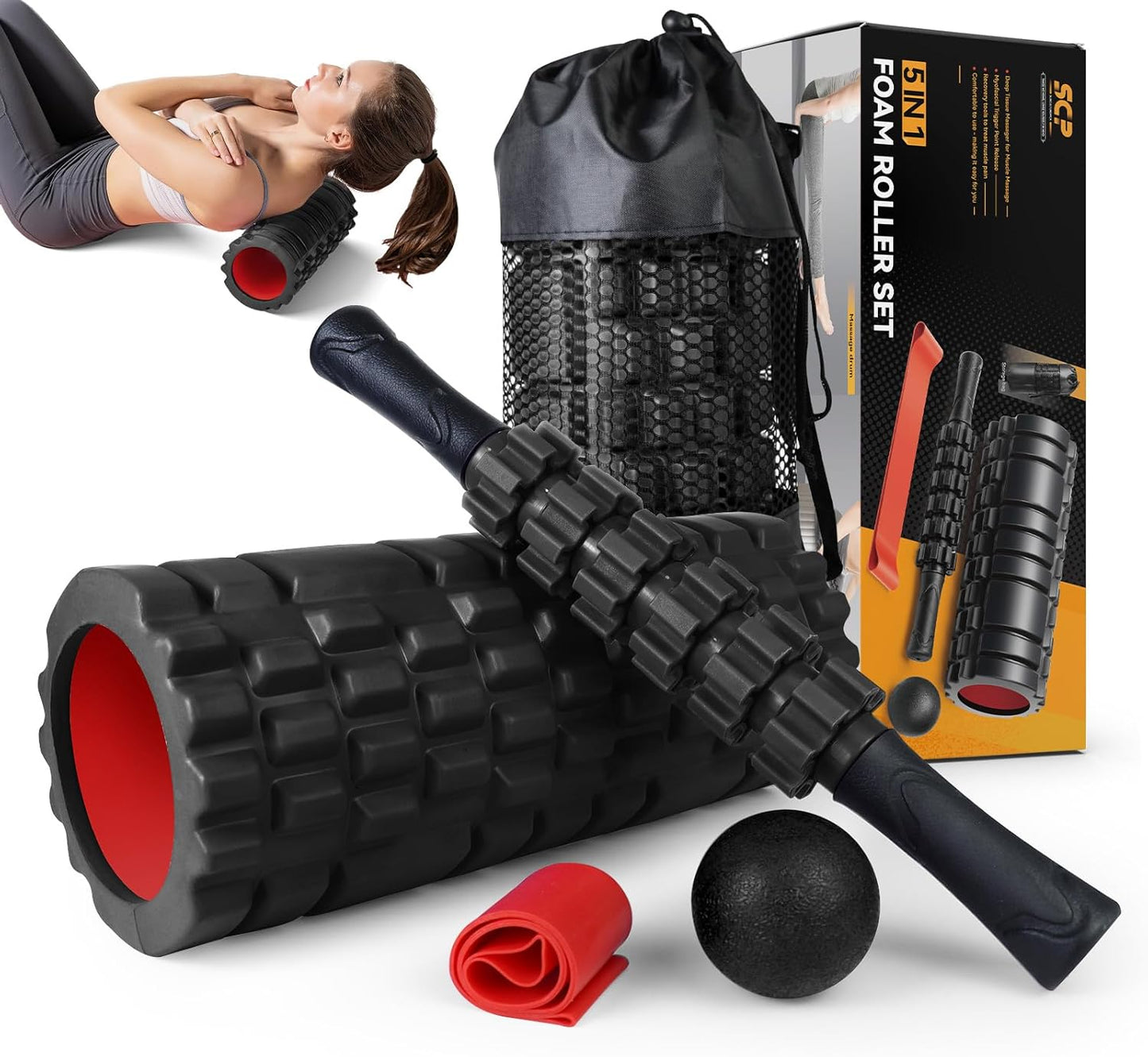 5 in1 Foam Roller Set, Trigger Point Foam Roller, Massage Roller Stick, Massage Ball, Resistance Band for Deep Muscle Massage Pilates Yoga,Fitness Exercise for Whole Body (Black-Red)