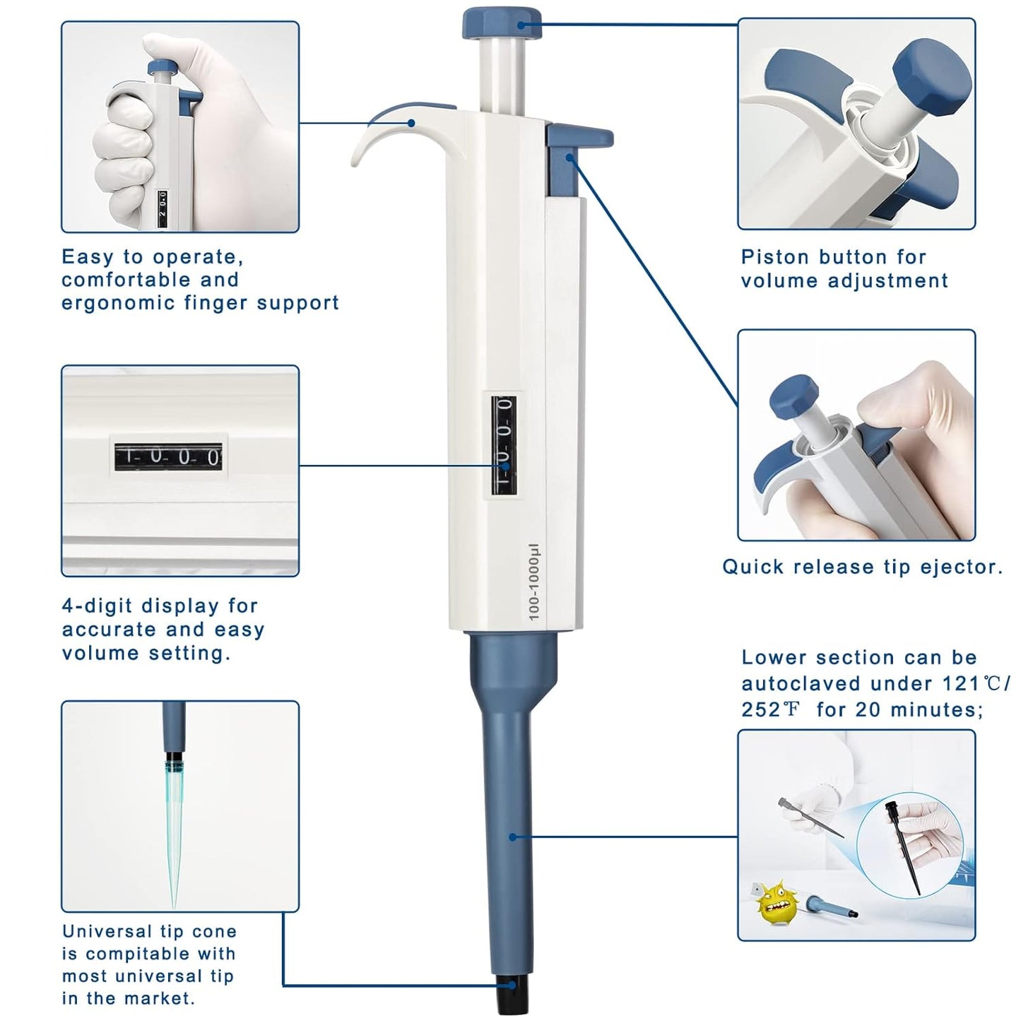 Micropipette 10-100ul, Adjustable Pipettor for Laboratory, Single Channel Lab Pipette,Half-Autoclavable