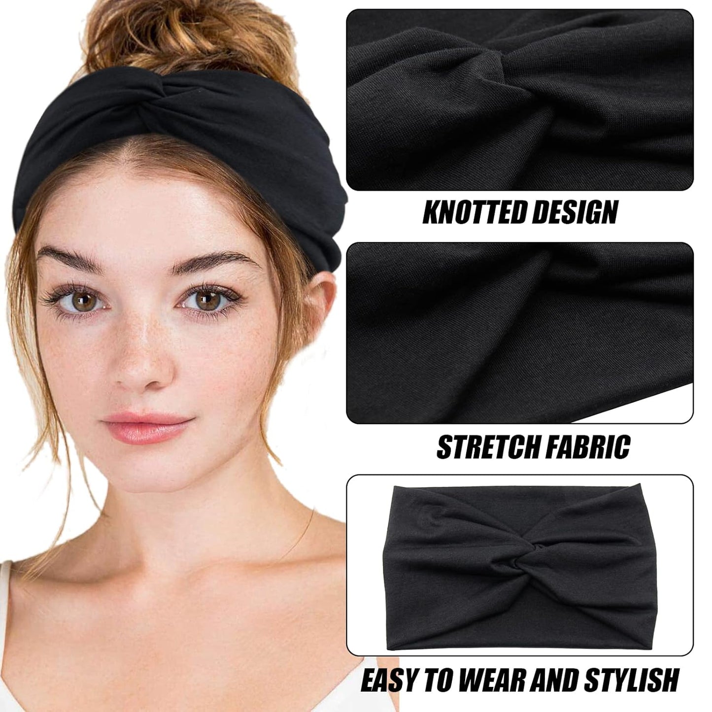 Wide Headbands for Women, Black Turban Headband Stretchy Twisted Head Wraps for Girls Yoga Workout Sports Head Bands For Women's Hair,Pack of 6