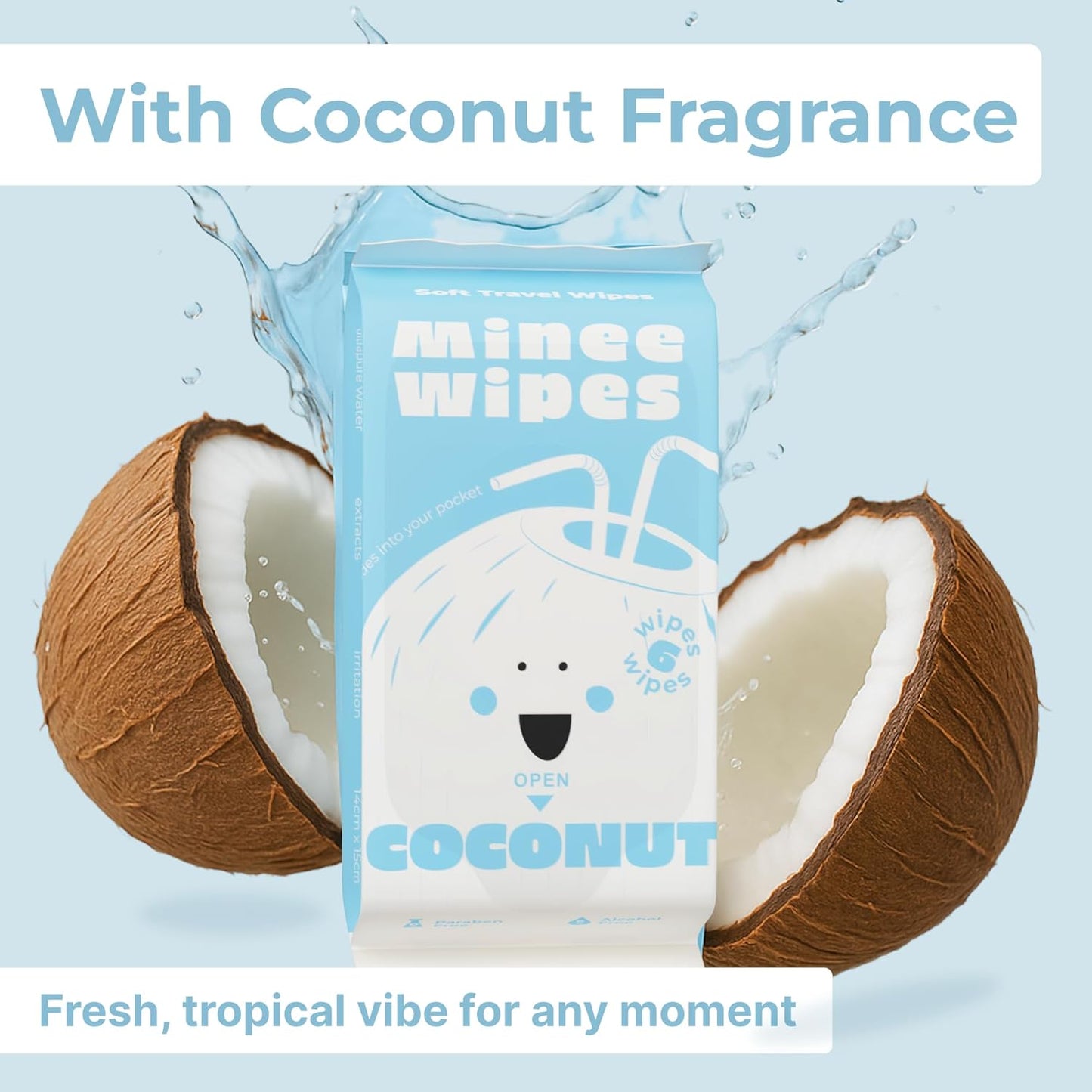 Impossibly Compact Travel Wipes - 99.5% Water - Safe for Sensitive Skin & Hypoallergenic, Resealable, Thick & Durable - For Adults, Kids & Baby Care - Coconut, 10 Pack Total 60 Wipes