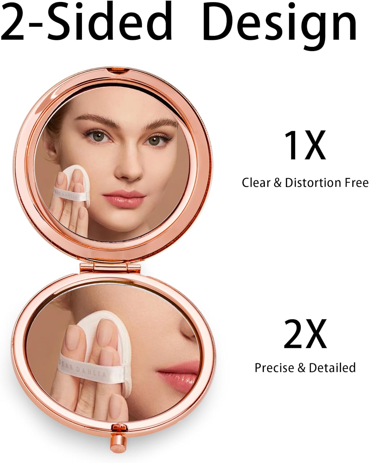 Compact Mirror, Pocket Travel Makeup Mirror for Purse, Metal Round Shell, 2-Sided 1X/2X Magnifying, Portable, Folding, Handheld, Rose Gold, 2 Pack