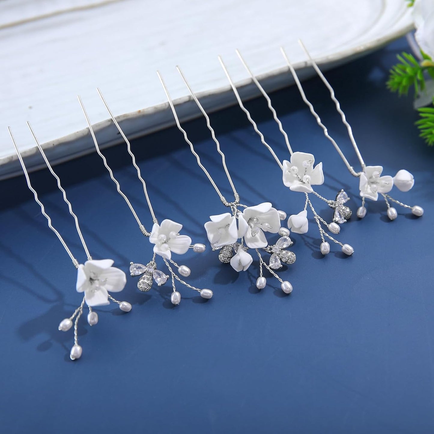 Handmade Bridal Wedding Hair Pins 5Pcs White Flower Zircon Pearl Hair Clips Silver Bridal Hair Accessories for Women Girls Brides Bridesmaid